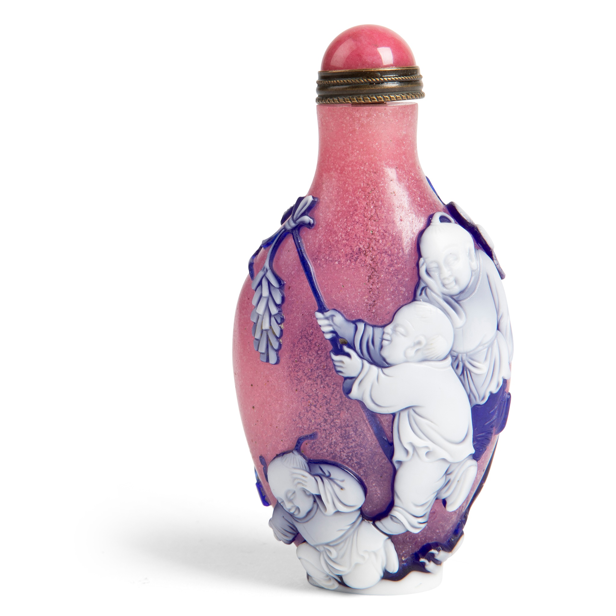 WHITE AND BLUE OVERLAY PINK GLASS SNUFF BOTTLE
