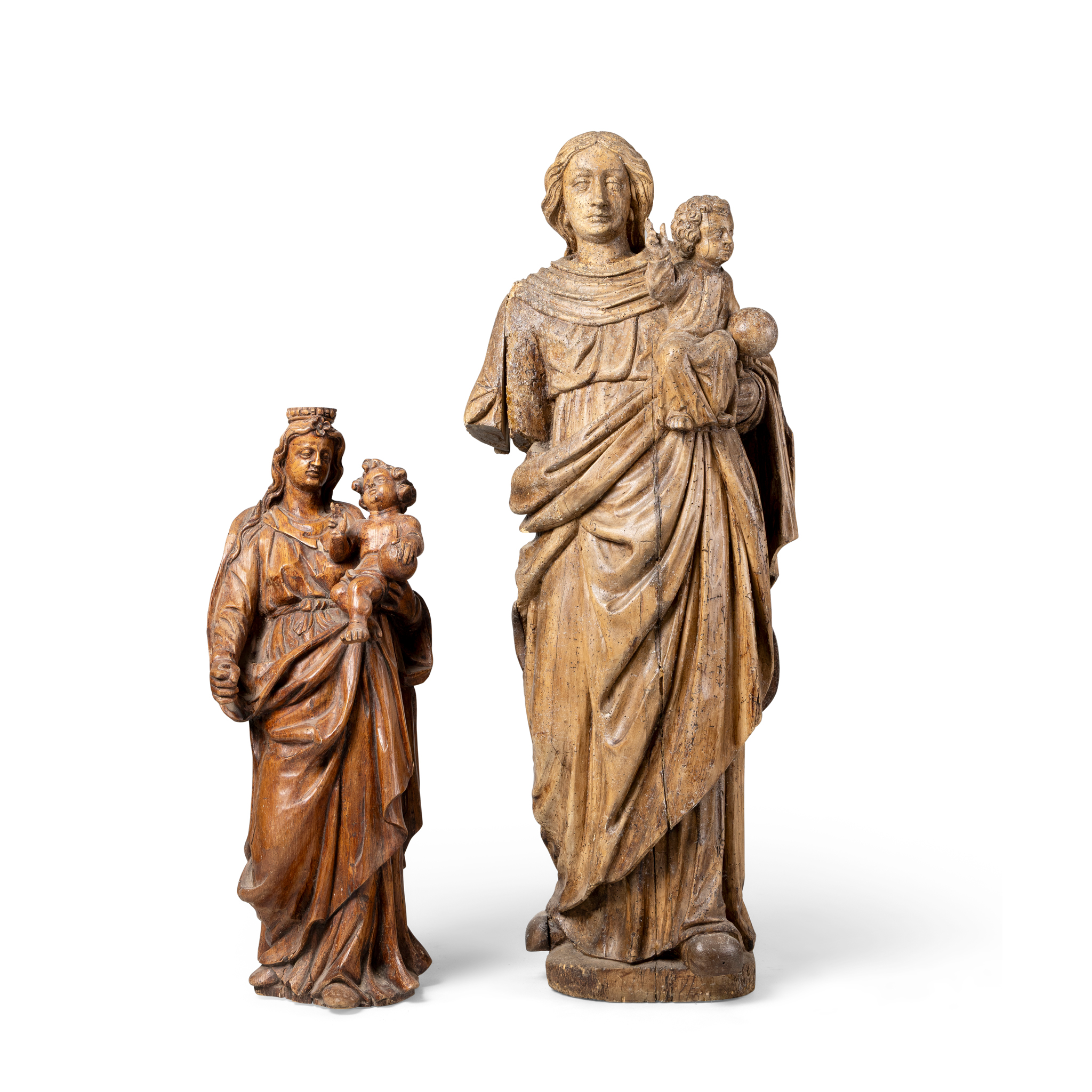 TWO CARVED WOODEN FIGURES OF THE MADONNA AND CHILD