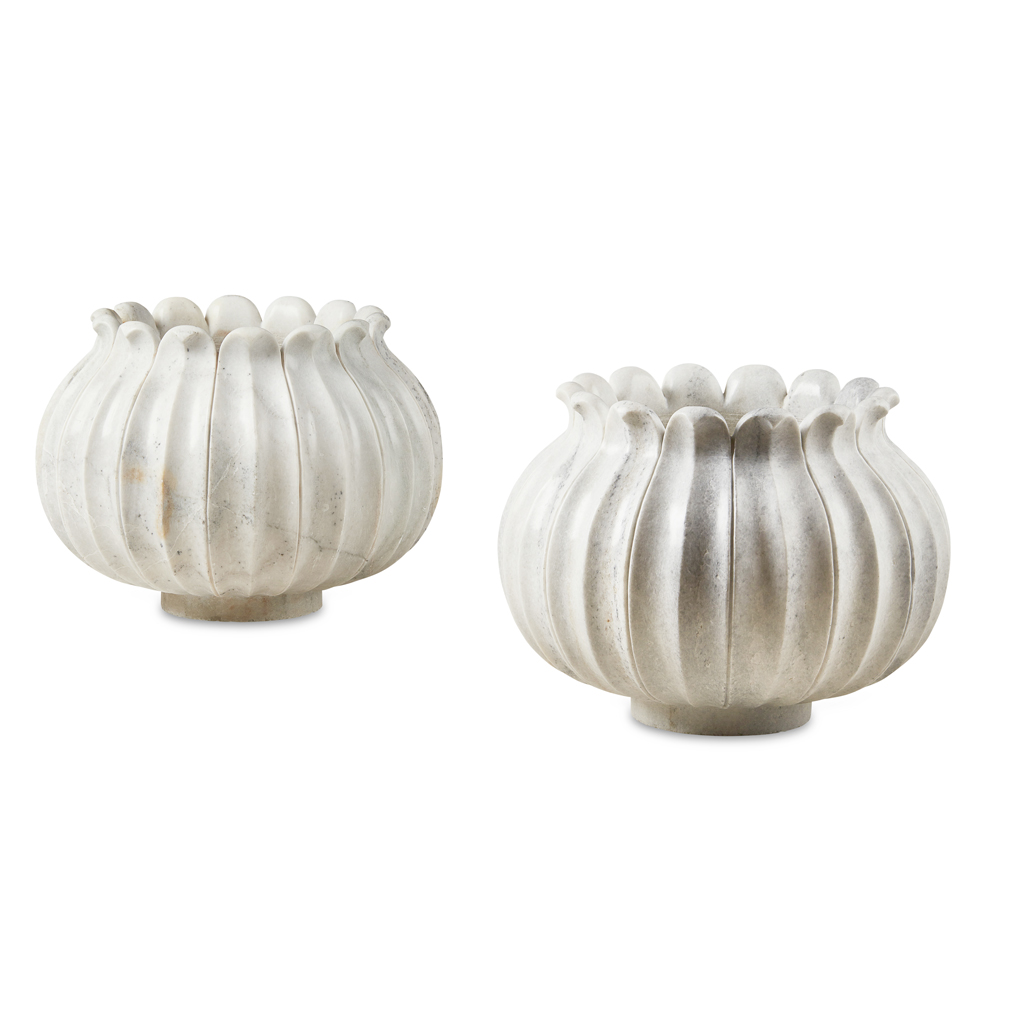 PAIR OF CARVED WHITE MARBLE JARDINIERES