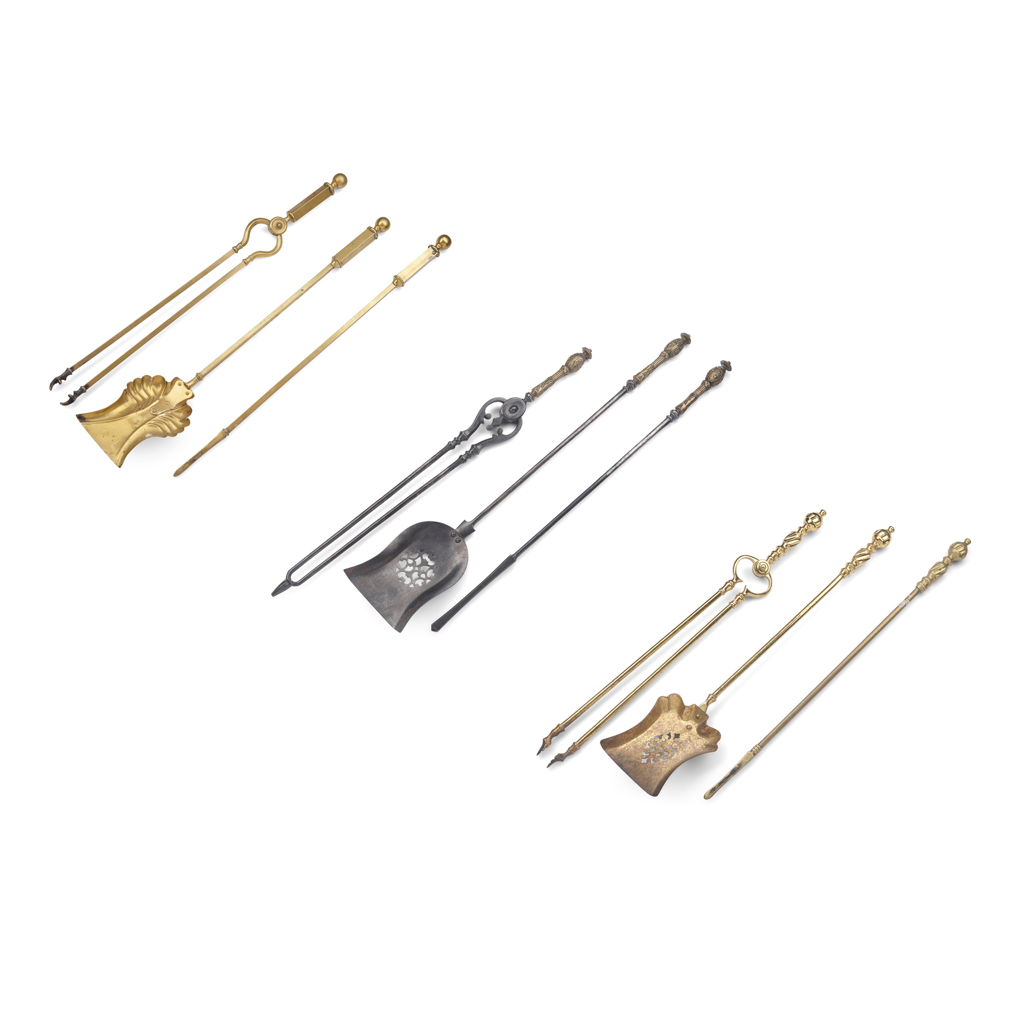 THREE SETS OF VICTORIAN BRASS FIREIRONS