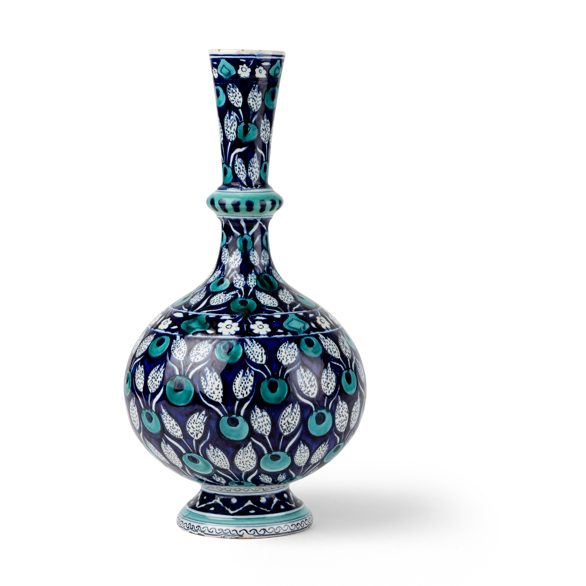 A FINE CANTAGALLI POTTERY BOTTLE DECORATED IN WHITE TULIPS AND GREEN CINTEMANIS AFTER AN EARLY IZNIK MASTERPIECE