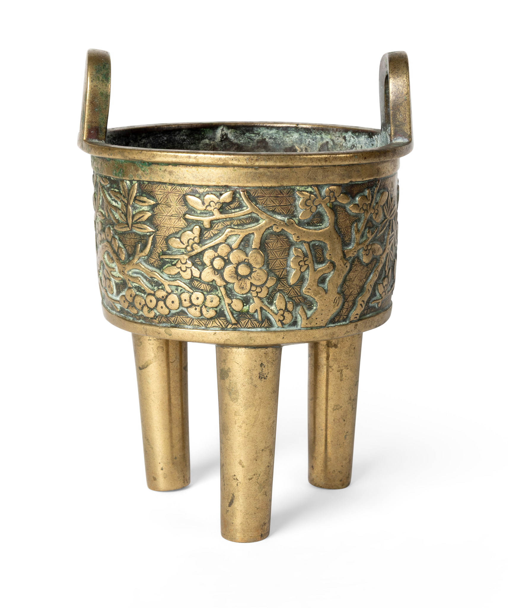CHINESE BRONZE 'PRUNUS' DING-SHAPED TRIPOD CENSER
