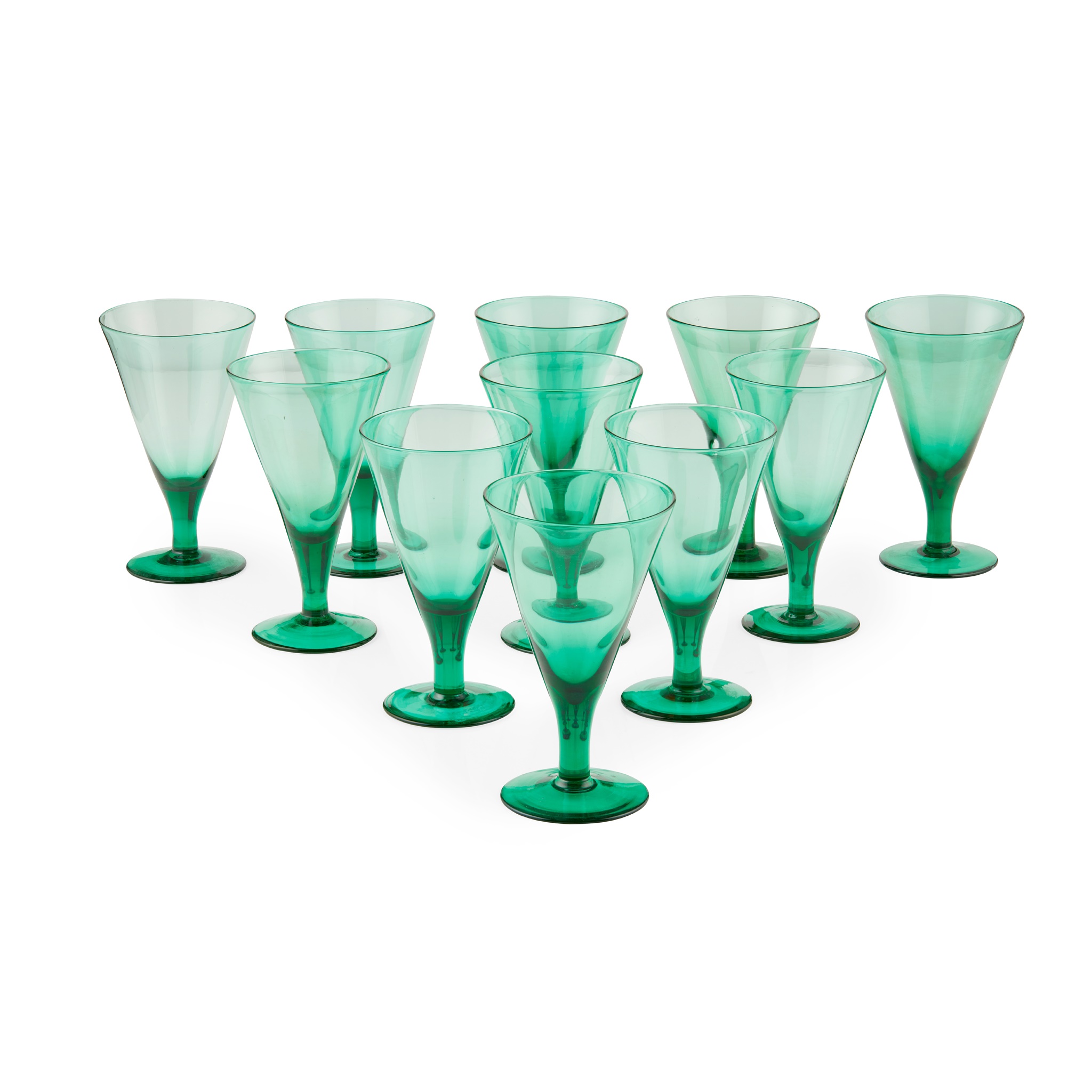 SET OF ELEVEN LATE GEORGIAN GREEN WINE GLASSES