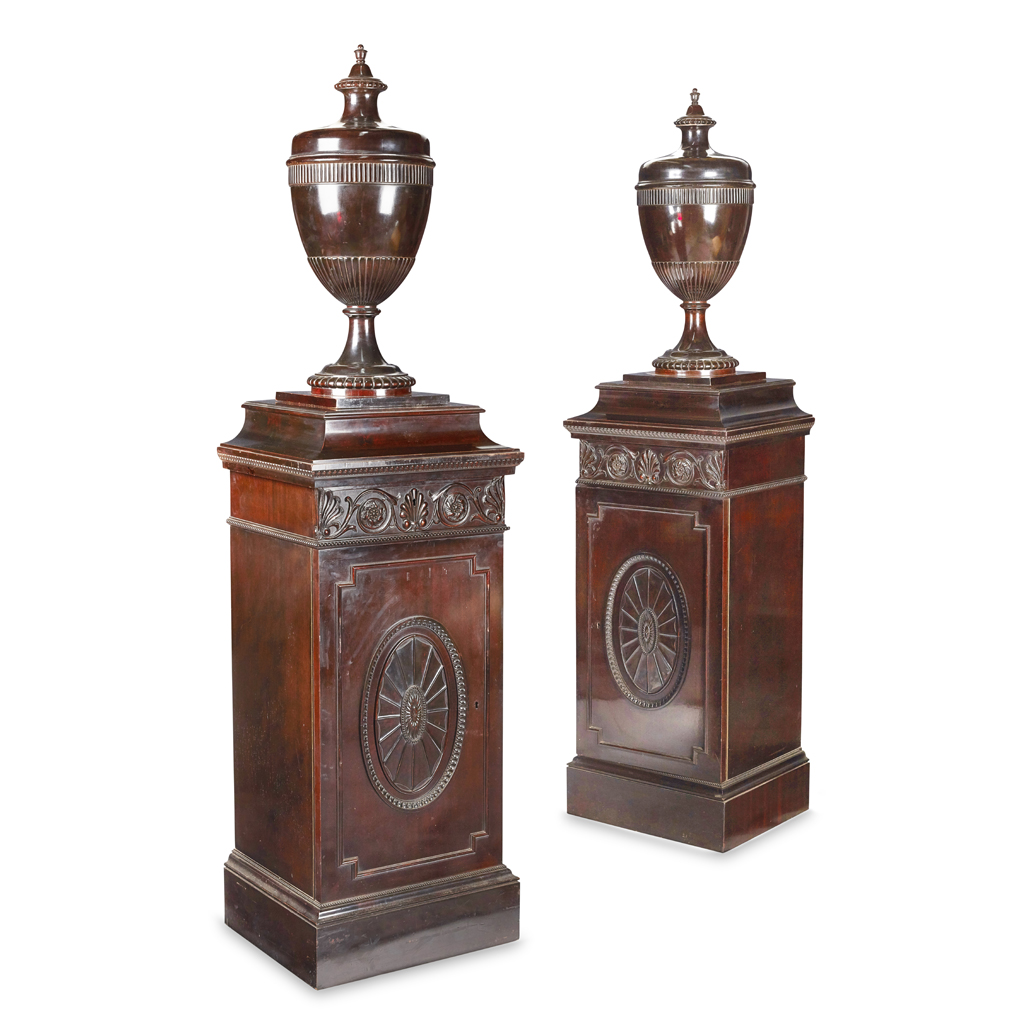 PAIR OF ADAM STYLE MAHOGANY URNS AND PEDESTALS