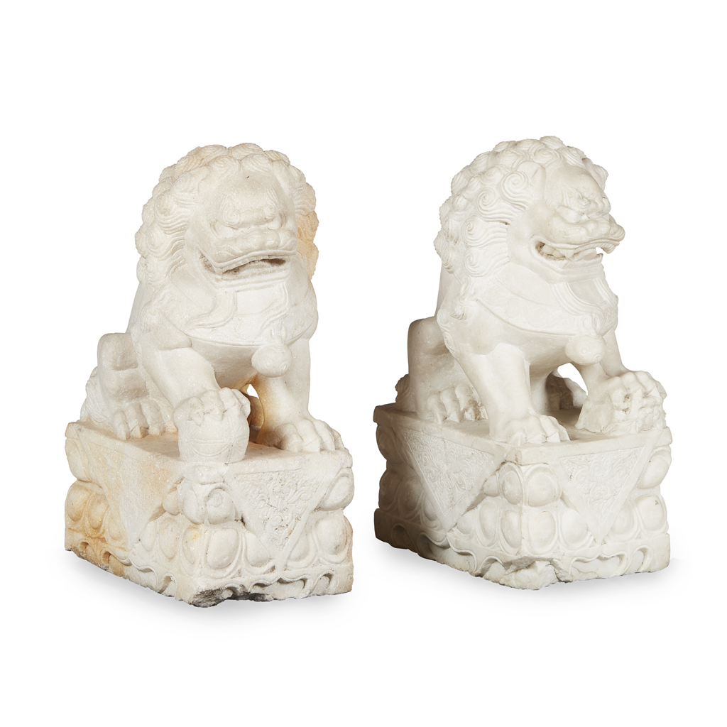 PAIR OF CHINESE CARVED MARBLE FU LIONS