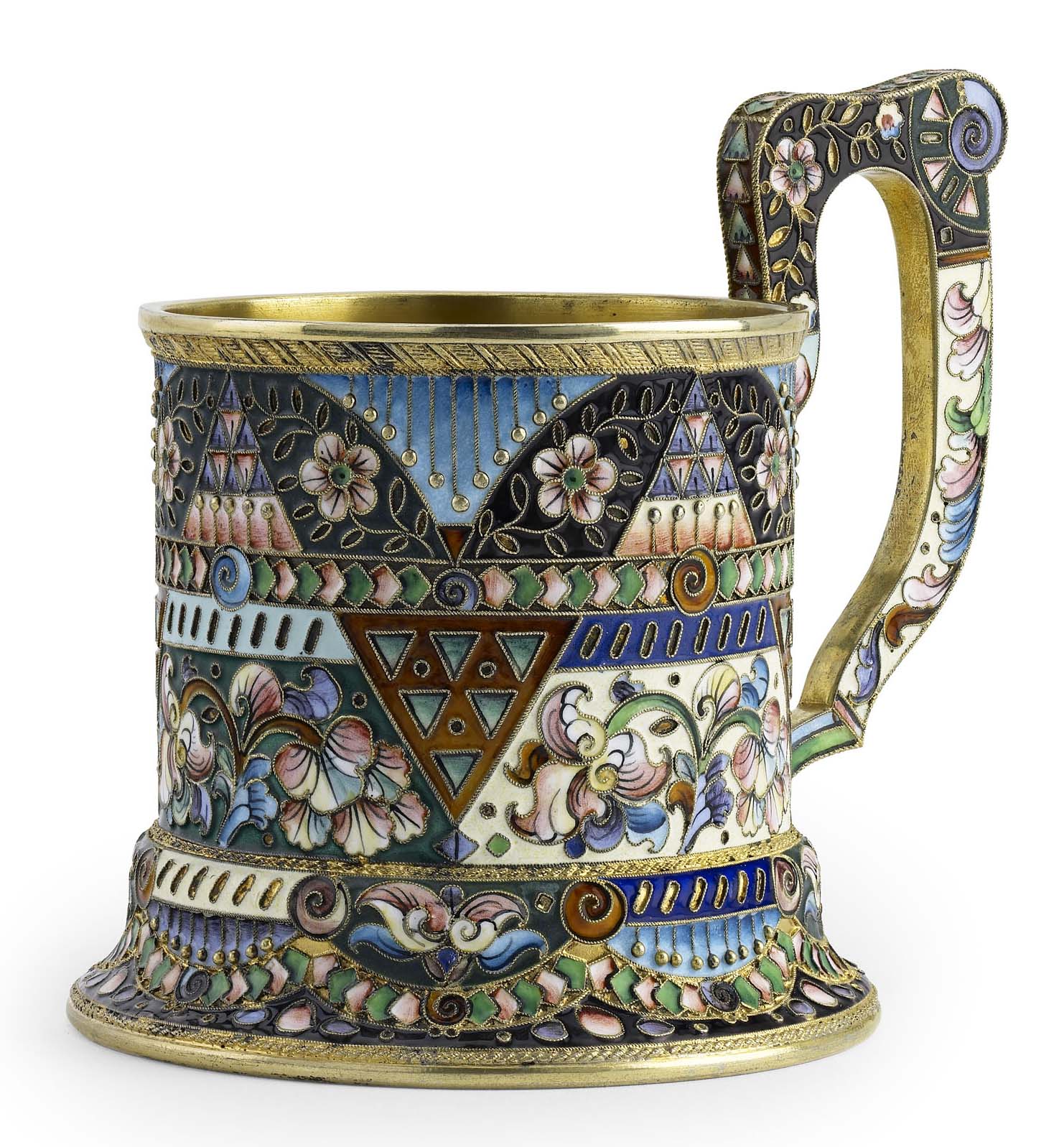 A Russian silver-gilt and shaded cloisonné enamel tea-glass holder