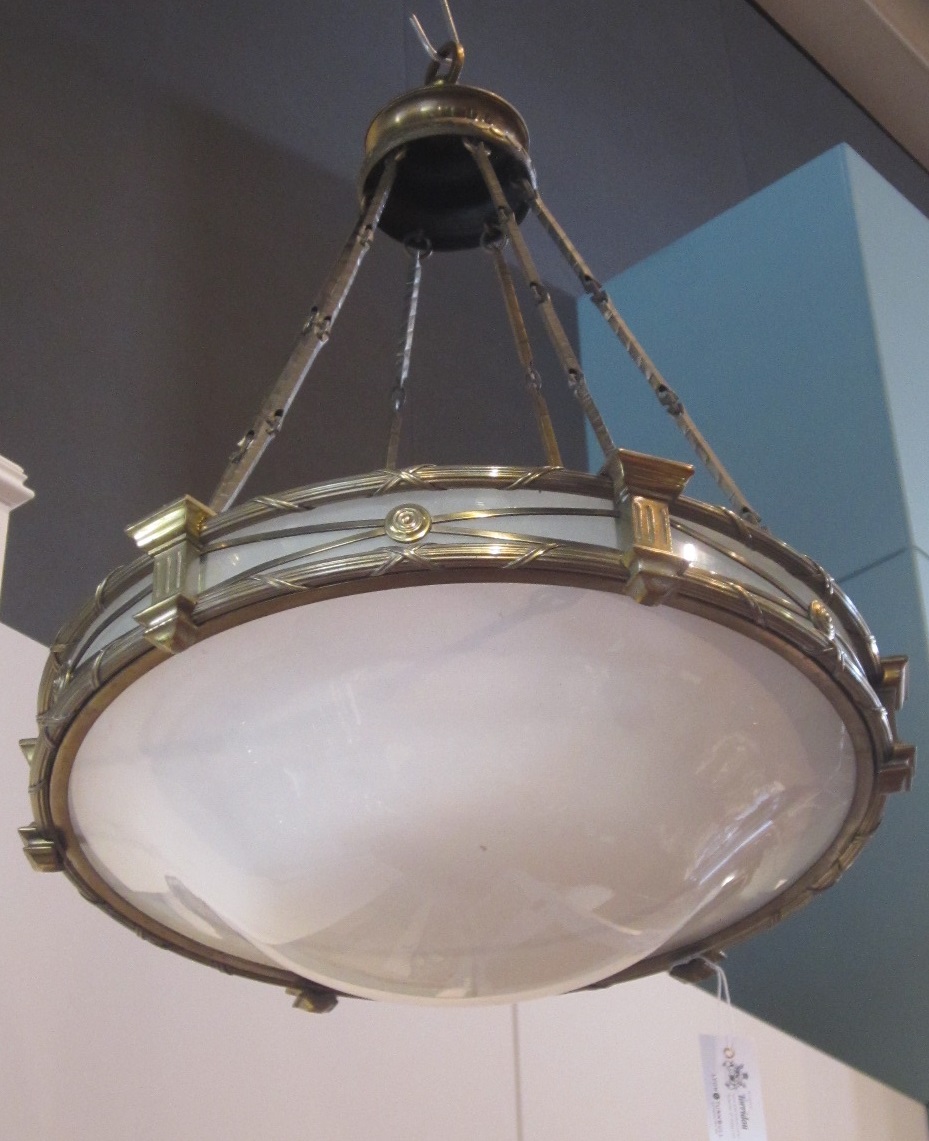 TWO BRASS AND OPALINE GLASS PENDANT LIGHTS