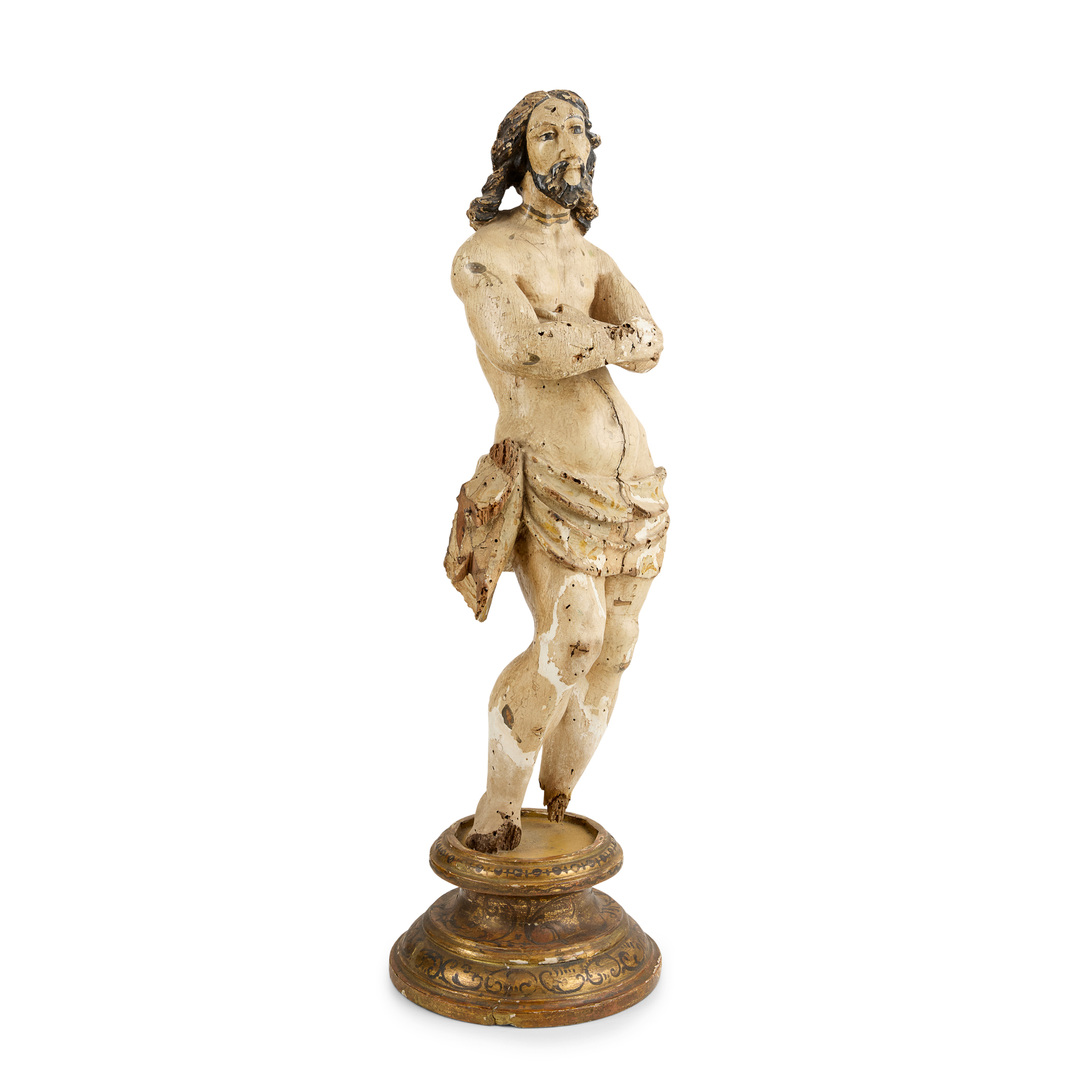 CONTINENTAL POLYCHROMED PAINTED, GESSO AND CARVED WOOD FIGURE OF CHRIST