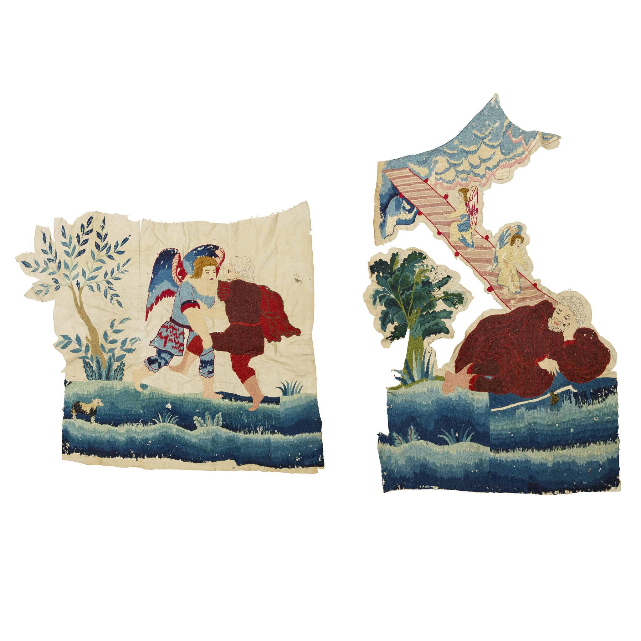 ENGLISH CREWEL WORK 'JACOB'S LADDER' BEDHEAD FRAGMENT