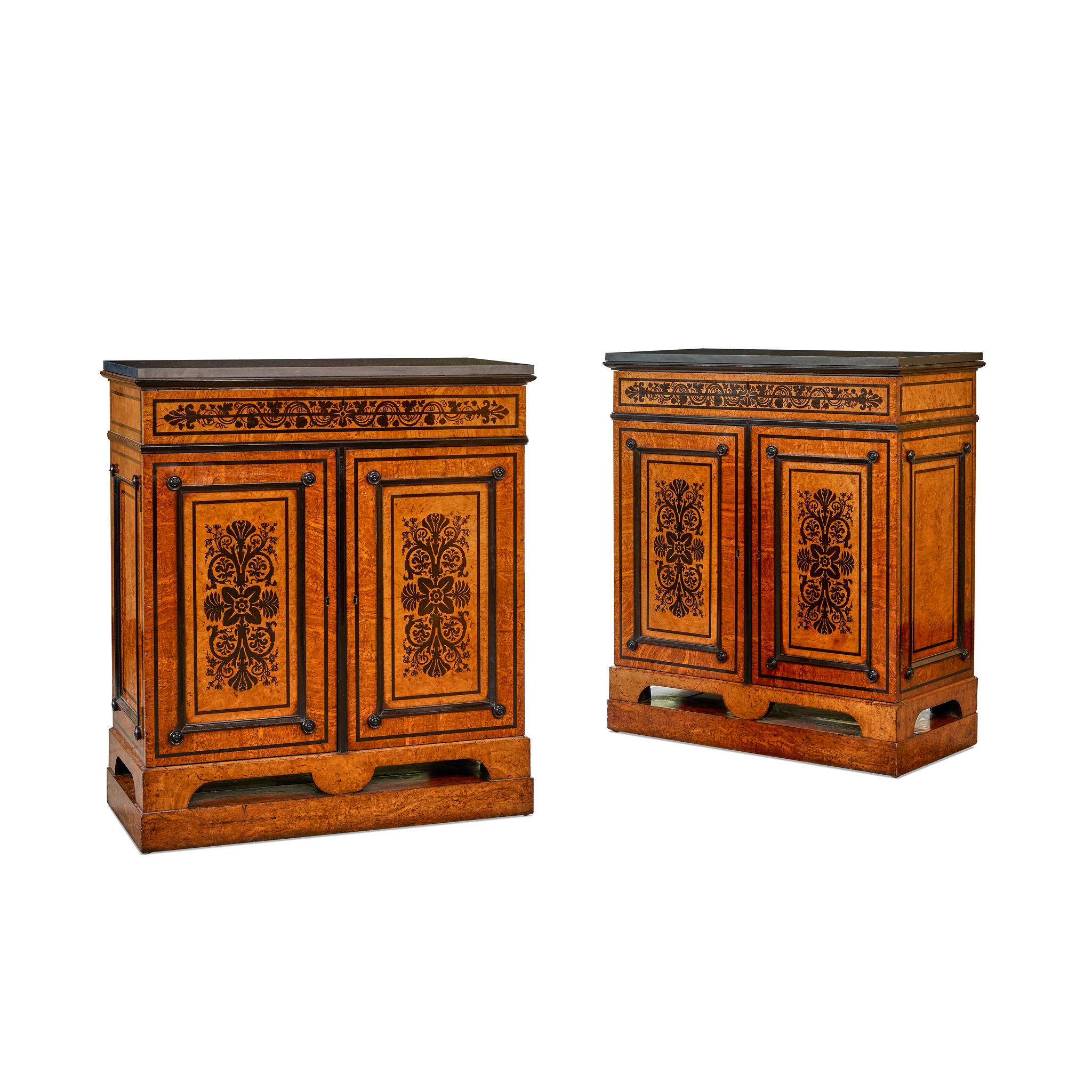 PAIR OF OAK, LARCH, AND EBONY MARQUETRY SLATE-TOPPED CABINETS, ATTRIBUTED TO GEORGE BULLOCK