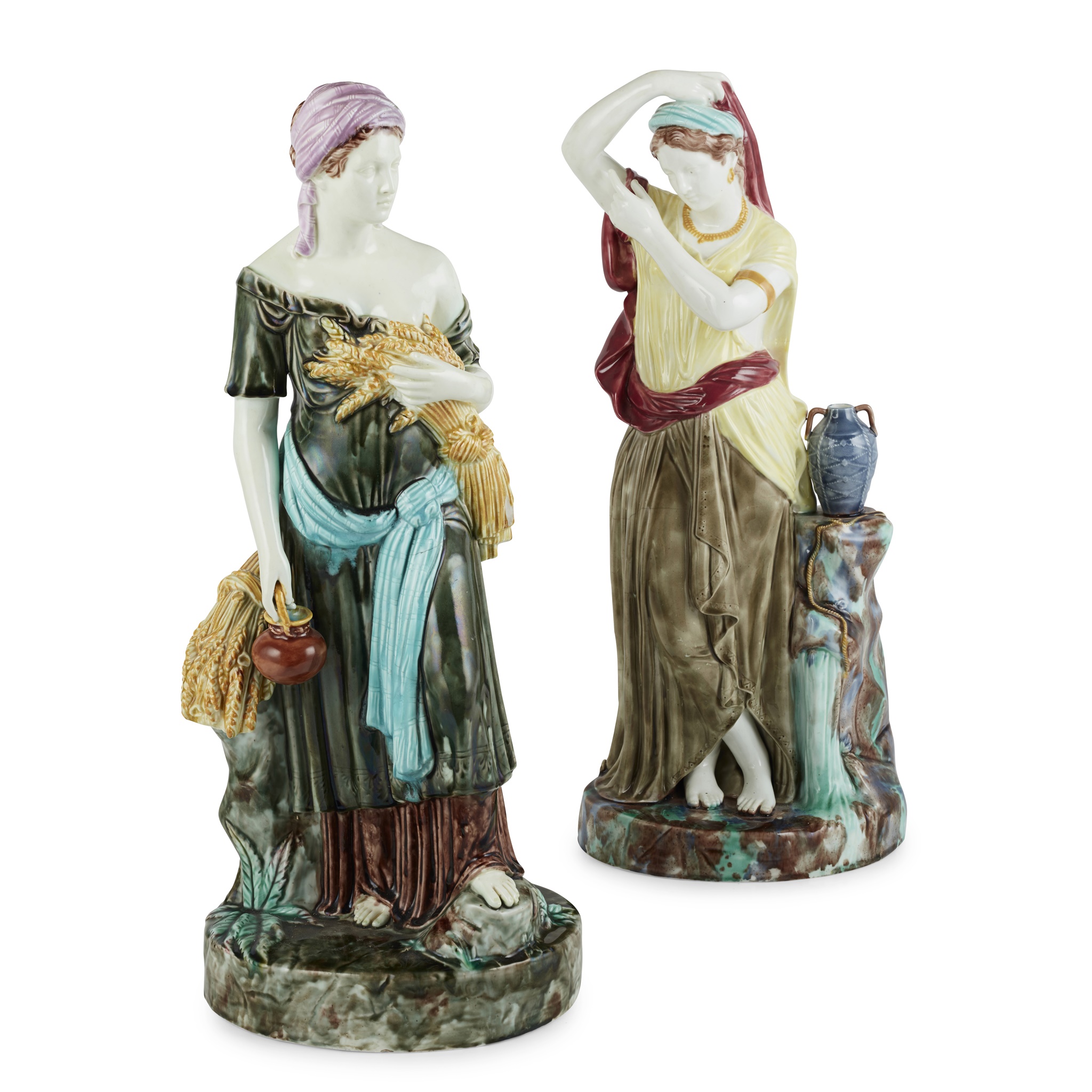 PAIR OF ENGLISH MAJOLICA FIGURES OF RUTH AND REBECCA