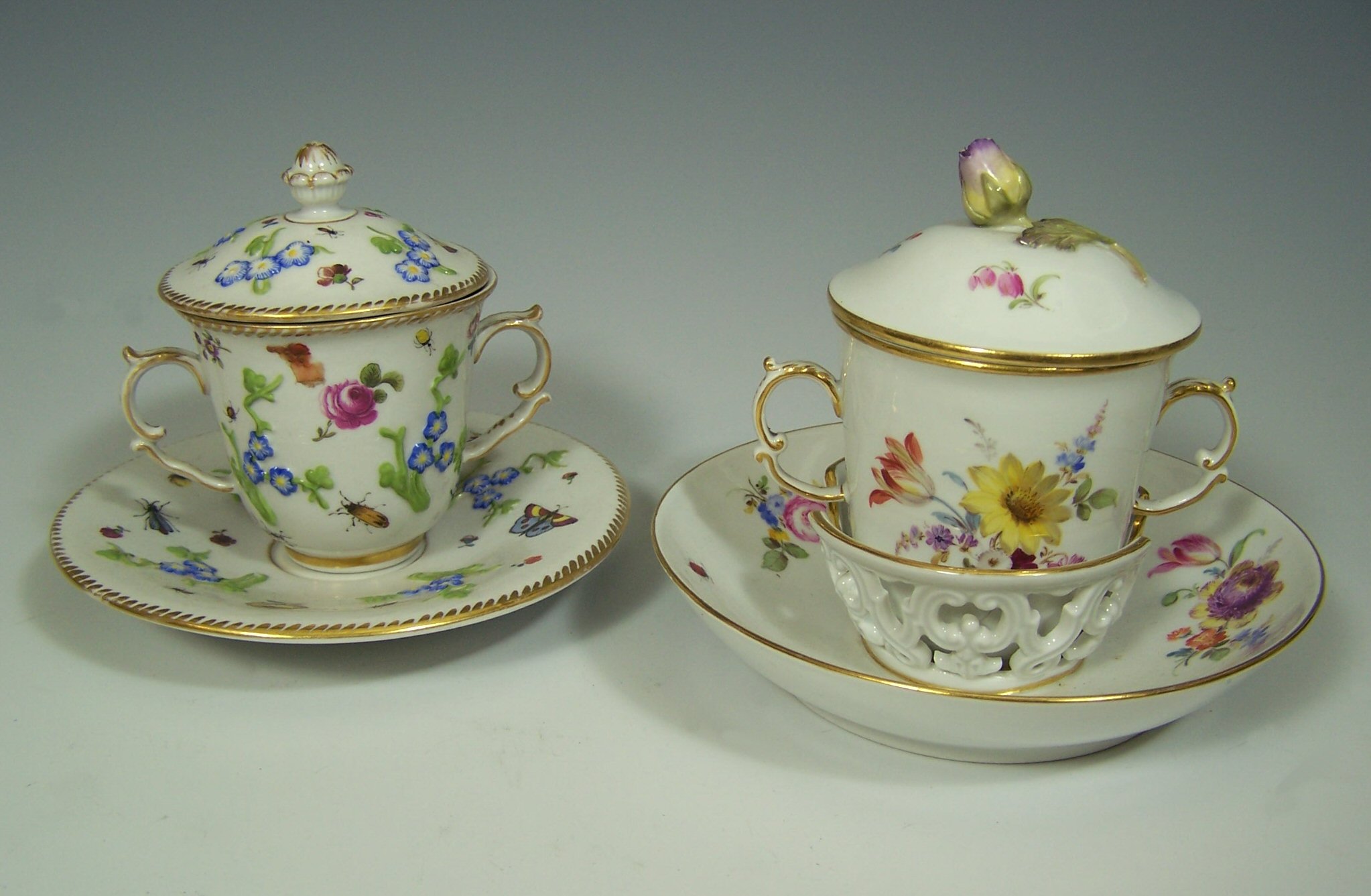 A German porcelain trembleuse two handled cup,cover with saucer,