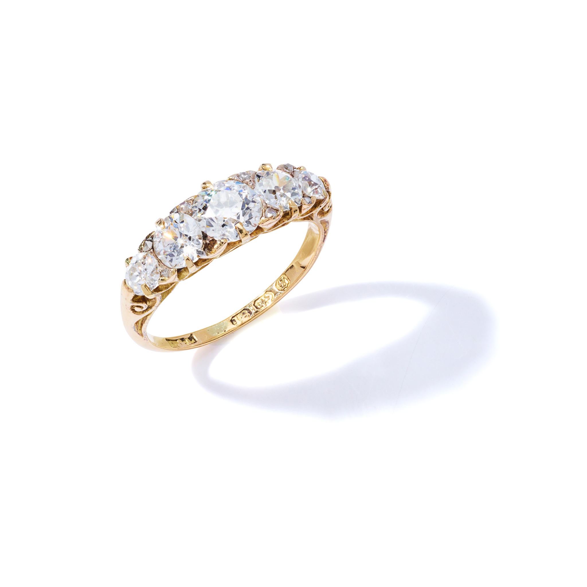 A late 19th century diamond five-stone ring, 1892