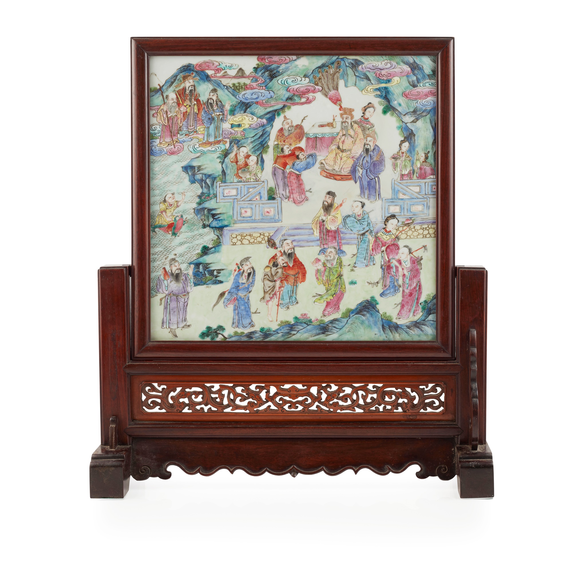 FAMILLE ROSE PORCELAIN PLAQUE INSET HARDWOOD TABLE SCREEN