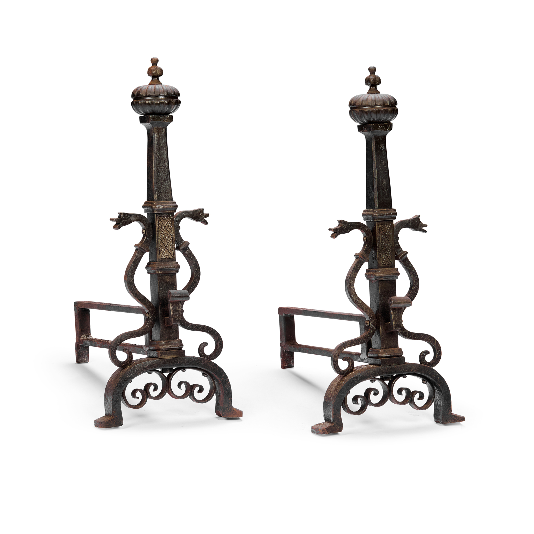 PAIR OF ARTS & CRAFTS WROUGHT IRON FIRE IRONS