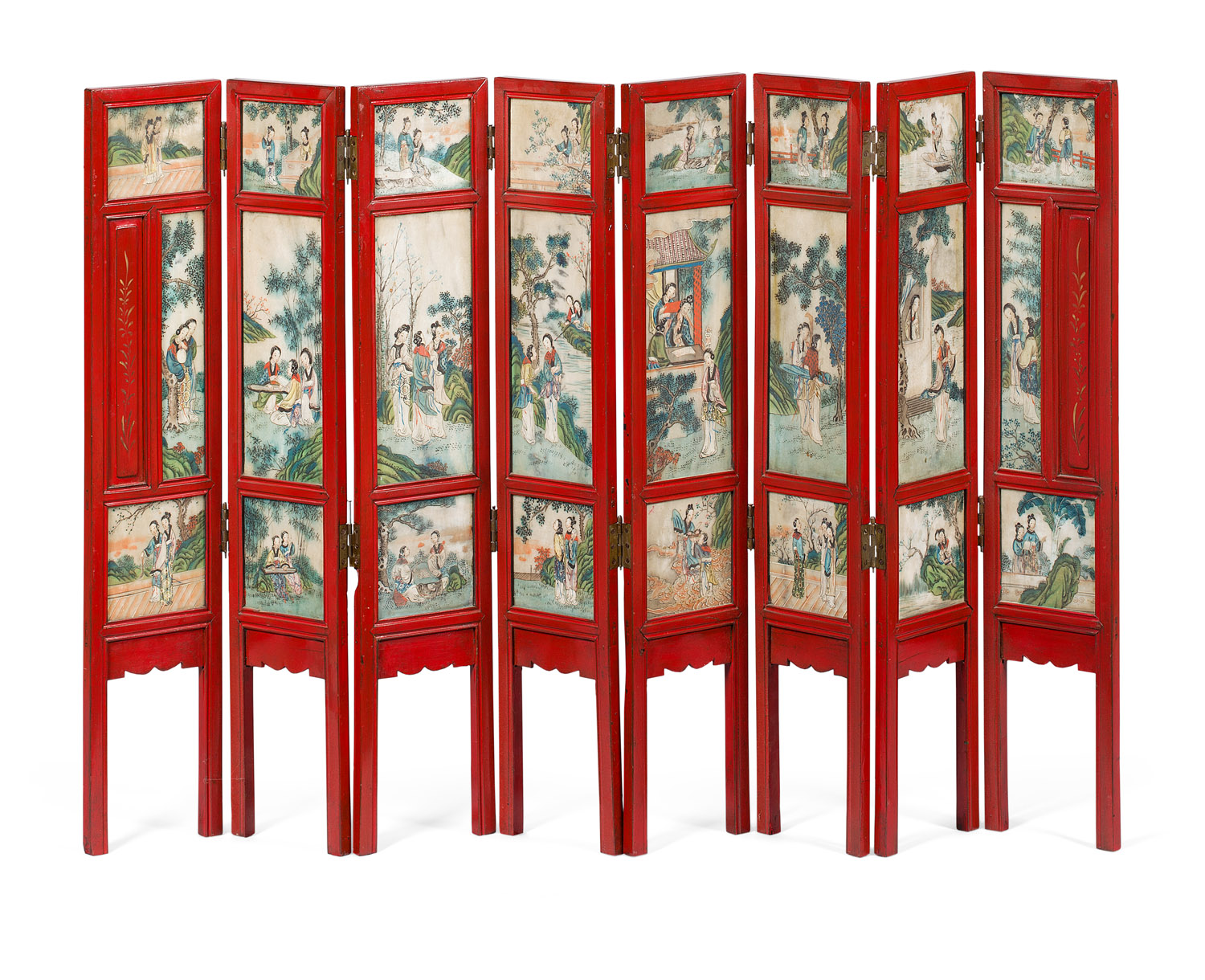 RED LACQUER AND PAINTED MARBLE EIGHT PANEL SCREEN