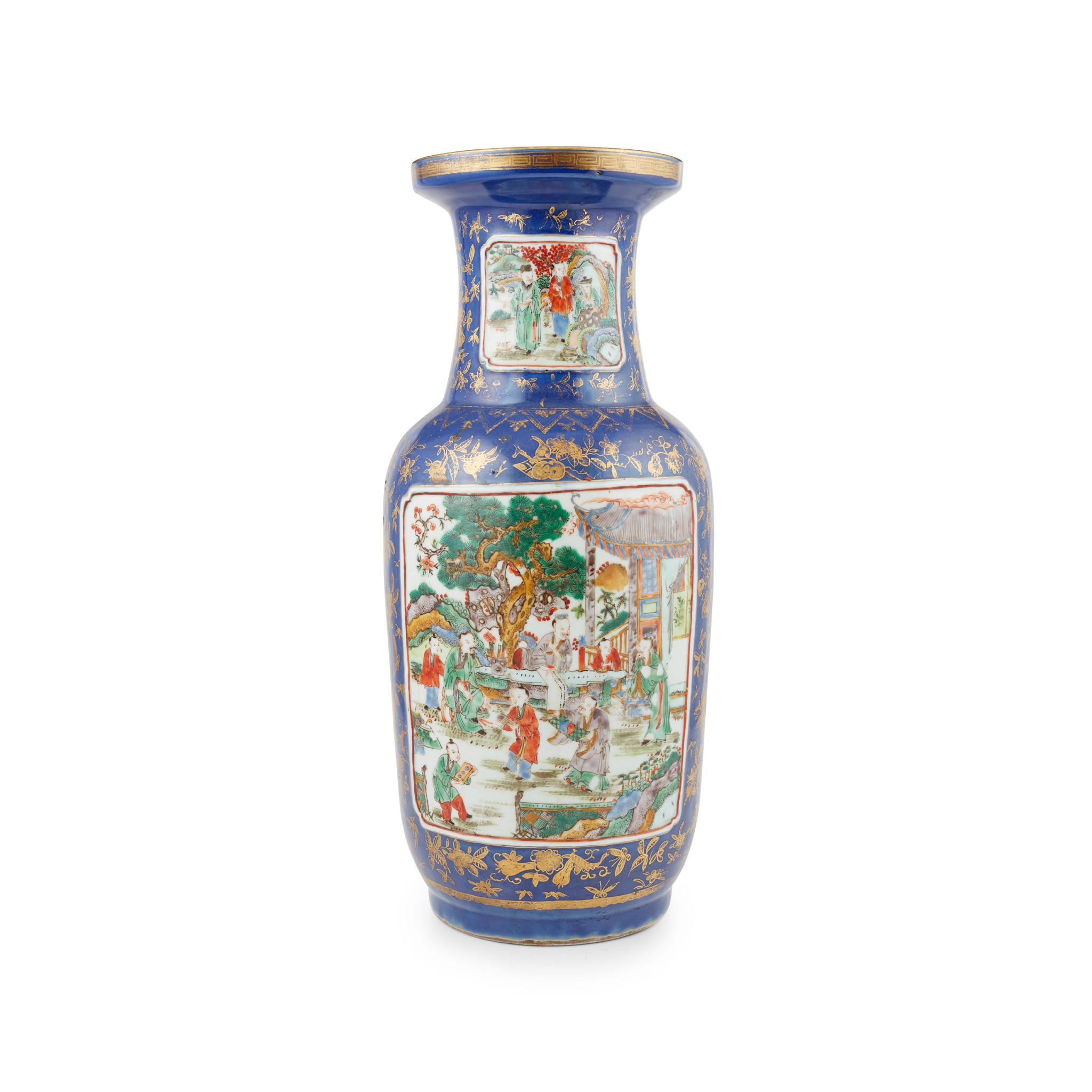 POWDER-BLUE-GROUND FAMILLE ROSE ROULEAU VASE