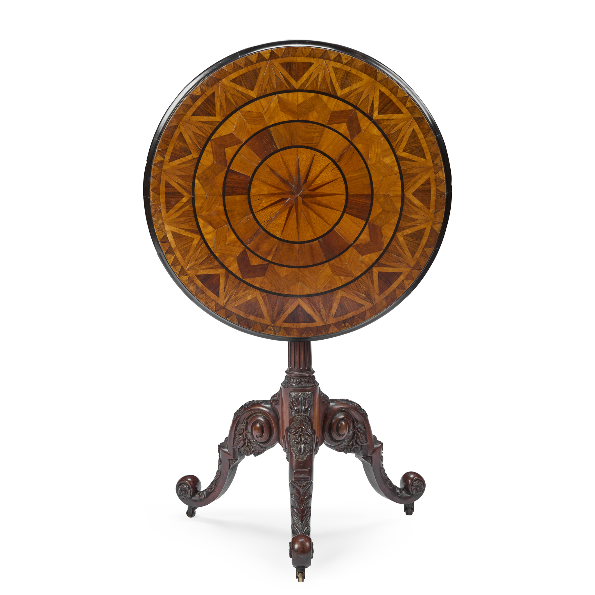 NEW ZEALAND MAHOGANY, EBONY AND SPECIMEN WOOD PARQUETRY TEA TABLE, BY ANTON SEUFERT