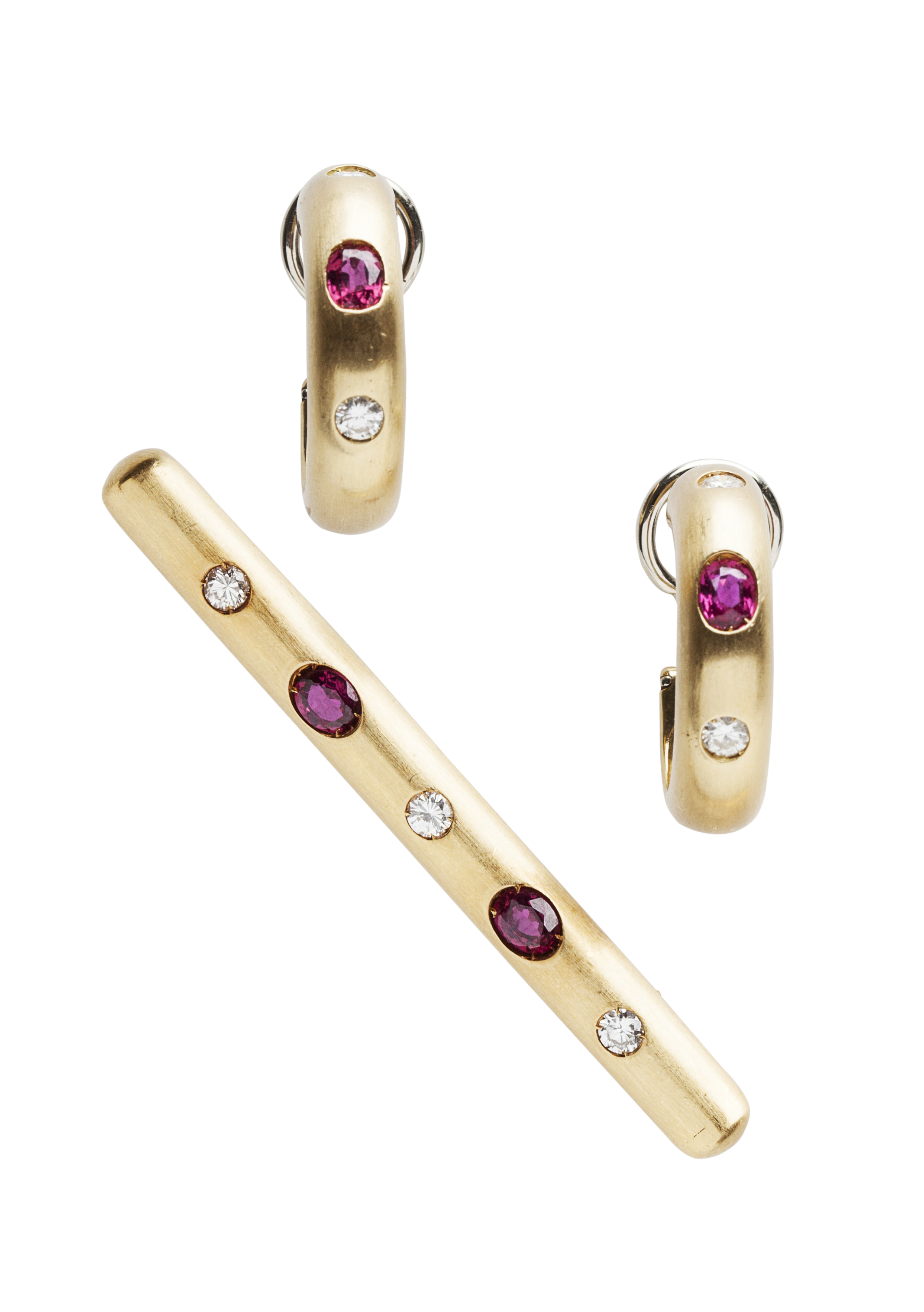 A pair of ruby and diamond set earrings and matching brooch