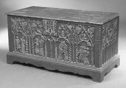 A Georgian red painted and gilt oak coffer