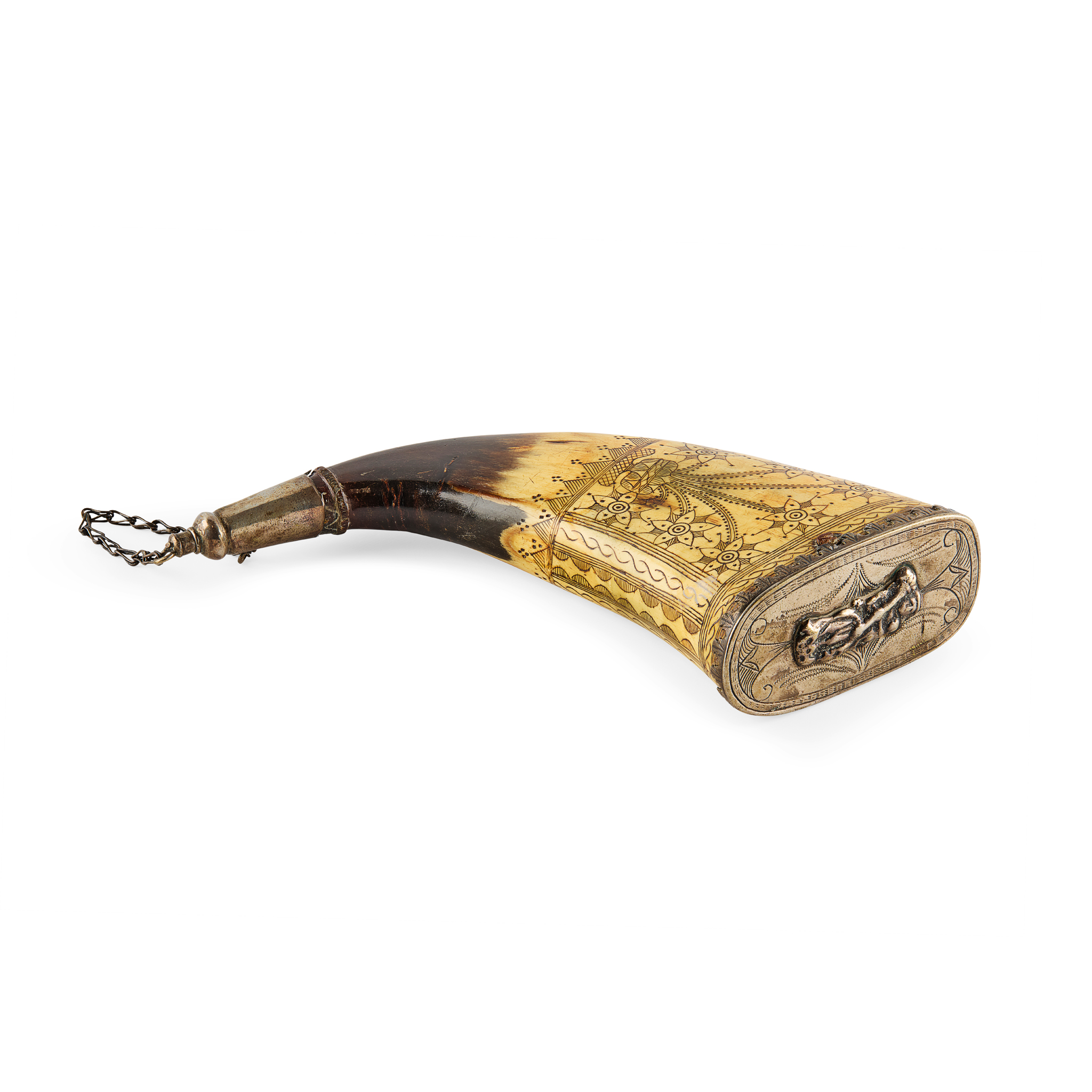 NORWEGIAN WHITE METAL MOUNTED POWDER HORN