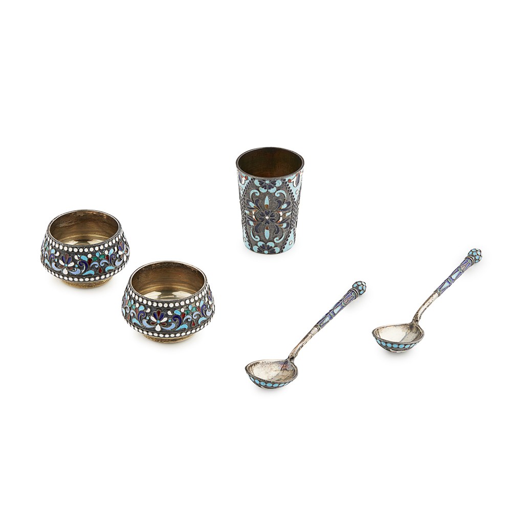 A group of Russian silver and champlevé enamel items