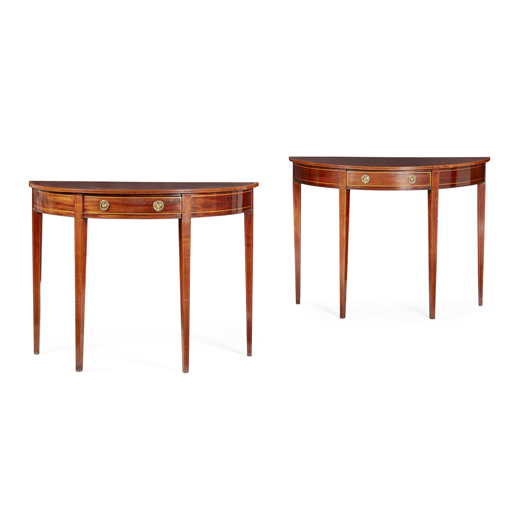 PAIR OF GEORGE III STYLE MAHOGANY AND KINGWOOD DEMI LUNE SIDE TABLES