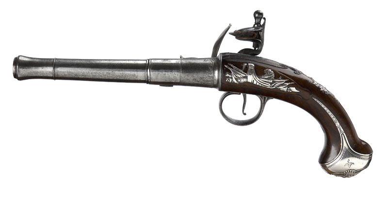 A mid 18th century silver mounted flintlock three stage cannon barrelled turn-off pistol