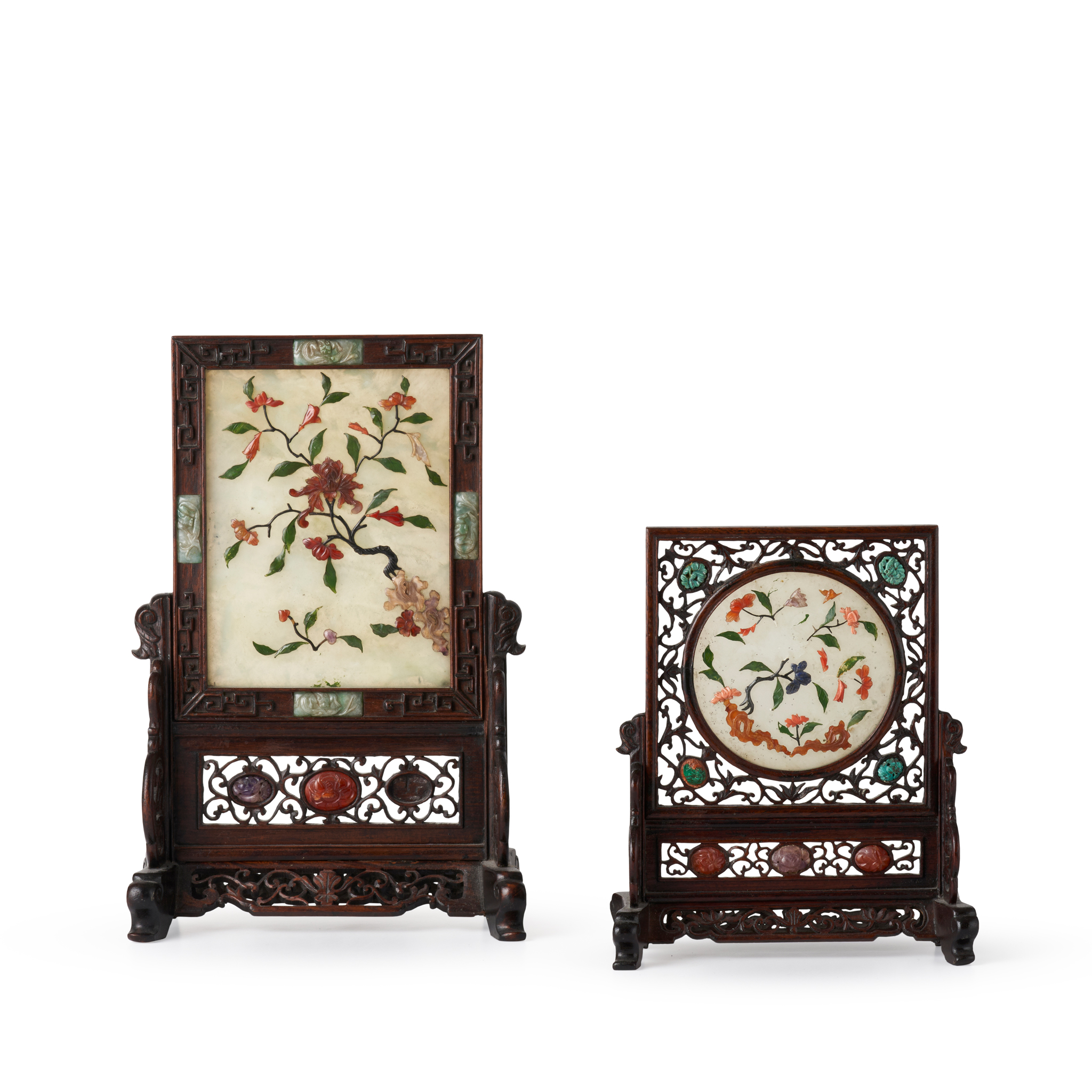 TWO HARDSTONE-INLAID INSET CARVED WOOD TABLE SCREENS