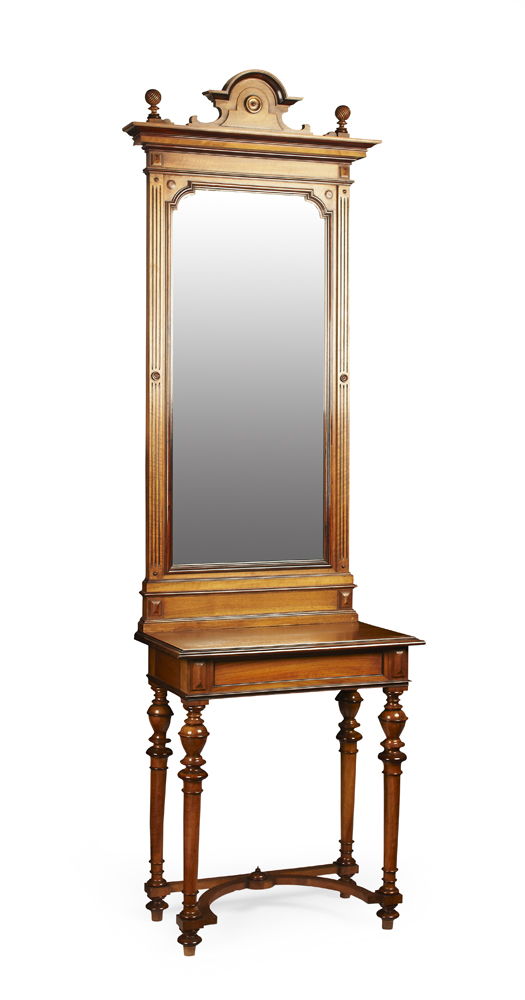 PAIR OF CONTINENTAL WALNUT MIRRORED CONSOLE TABLES