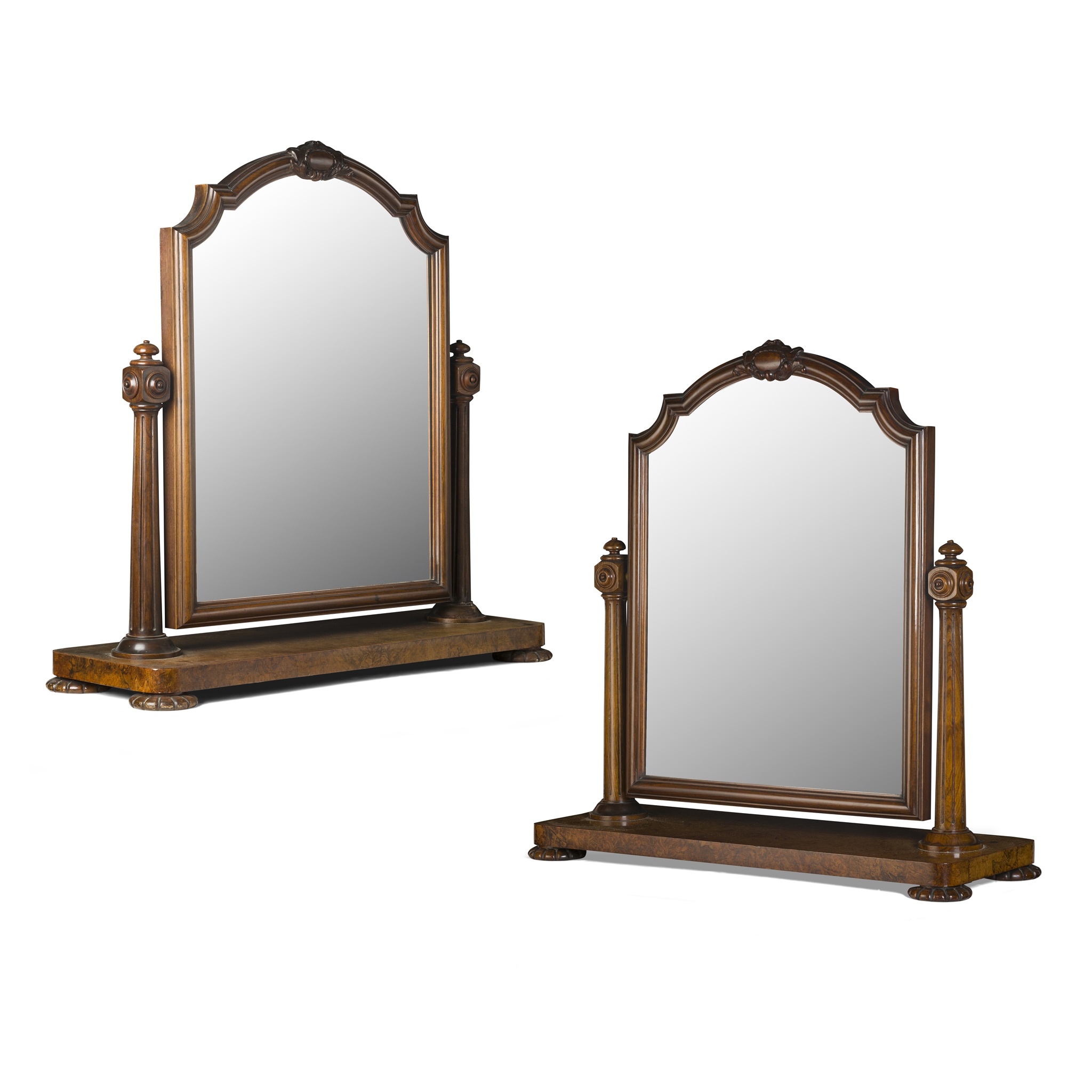 PAIR OF EARLY VICTORIAN BURR WALNUT TOILET MIRRORS