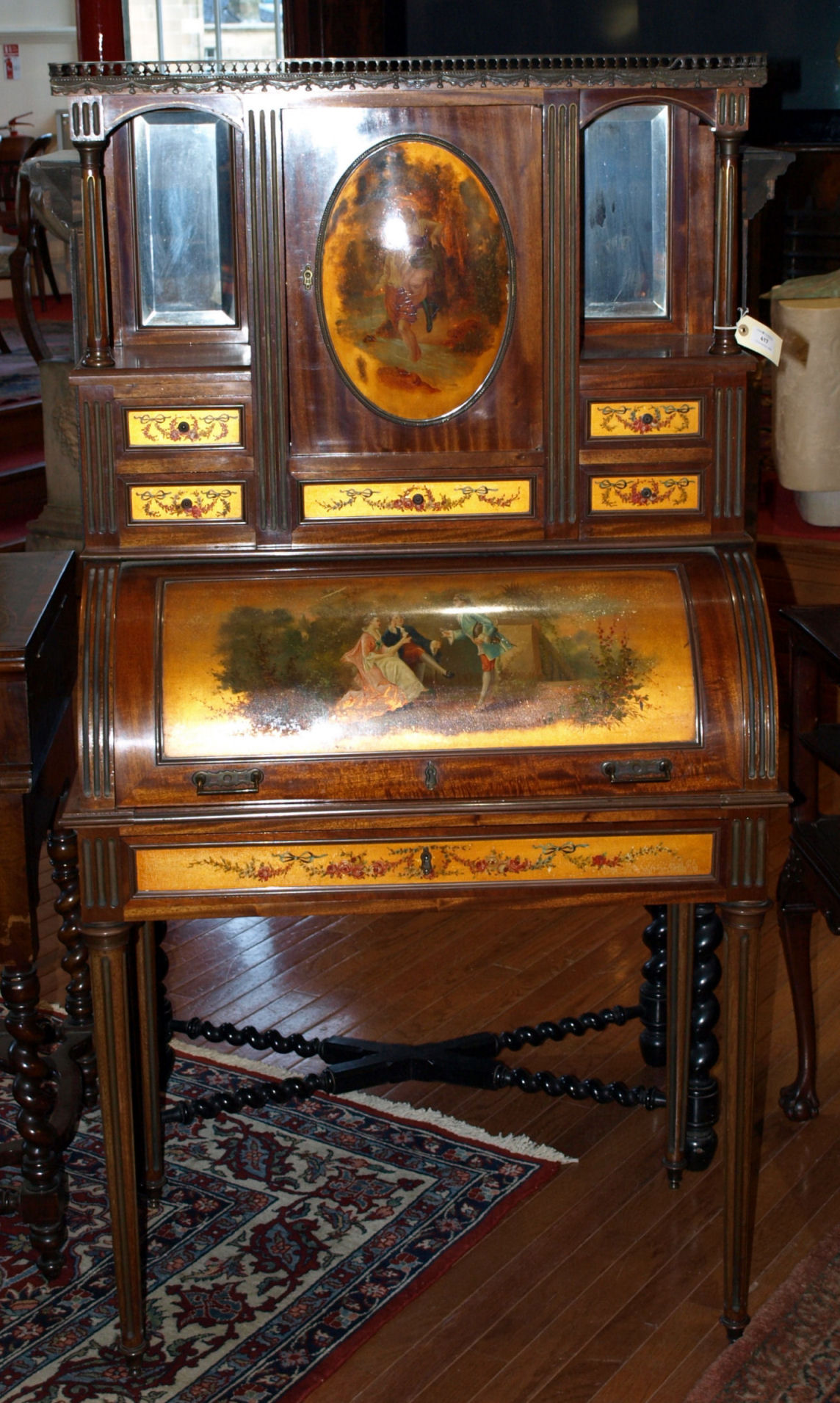 A French lady's mahogany and painted cylinder desk Circa 1900