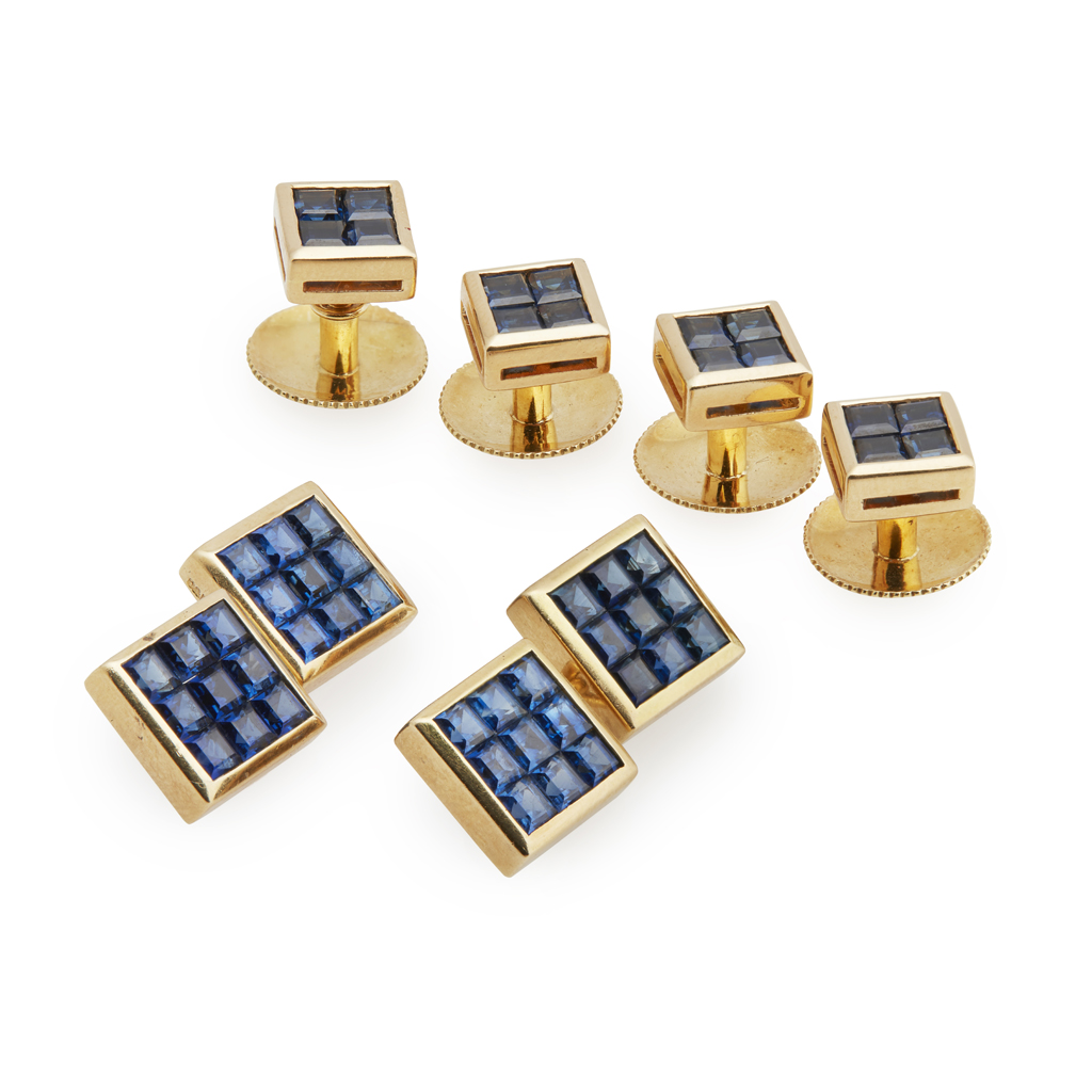 An 18k gold gentleman's sapphire set dress set