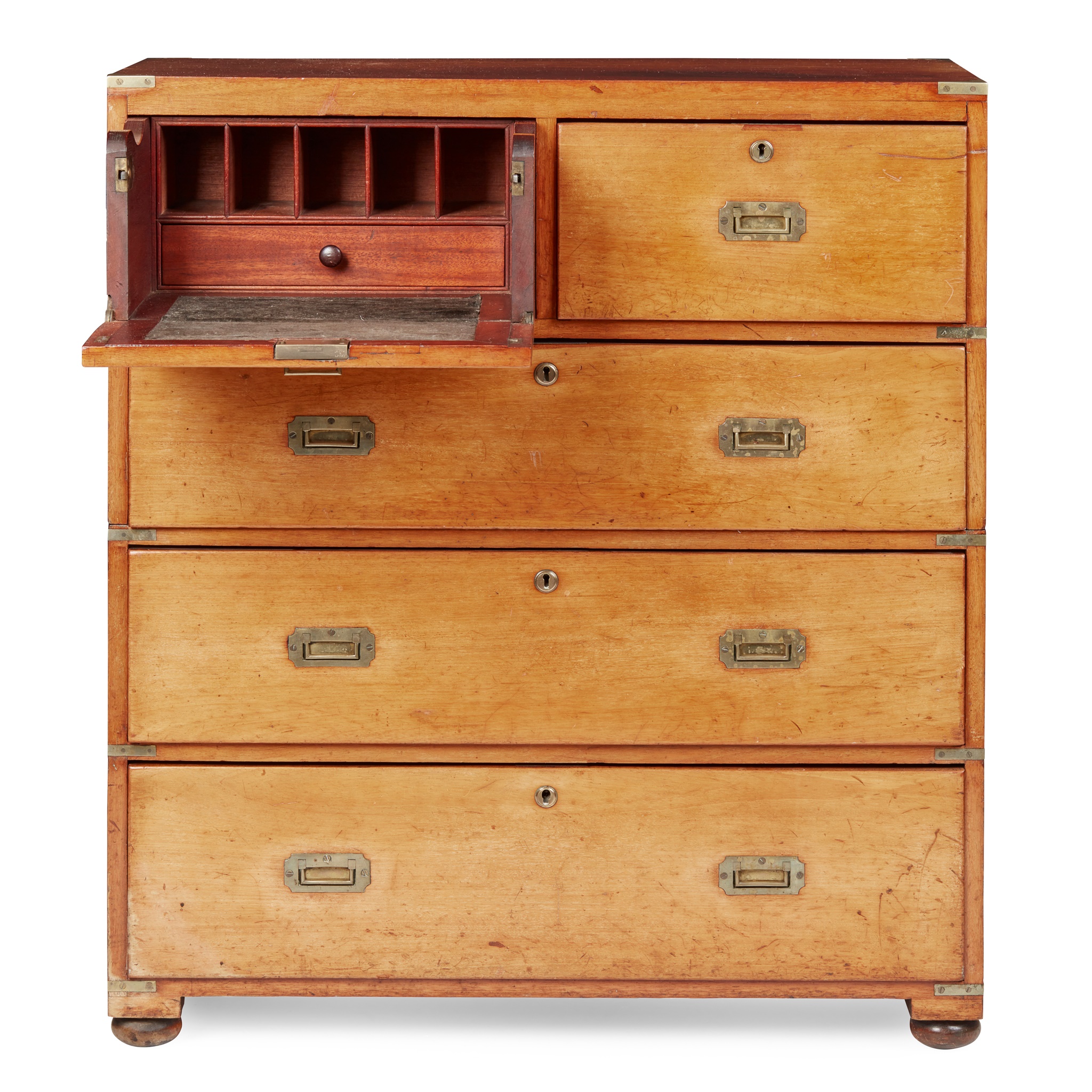 VICTORIAN TEAK CAMPAIGN SECRETAIRE CHEST OF DRAWERS