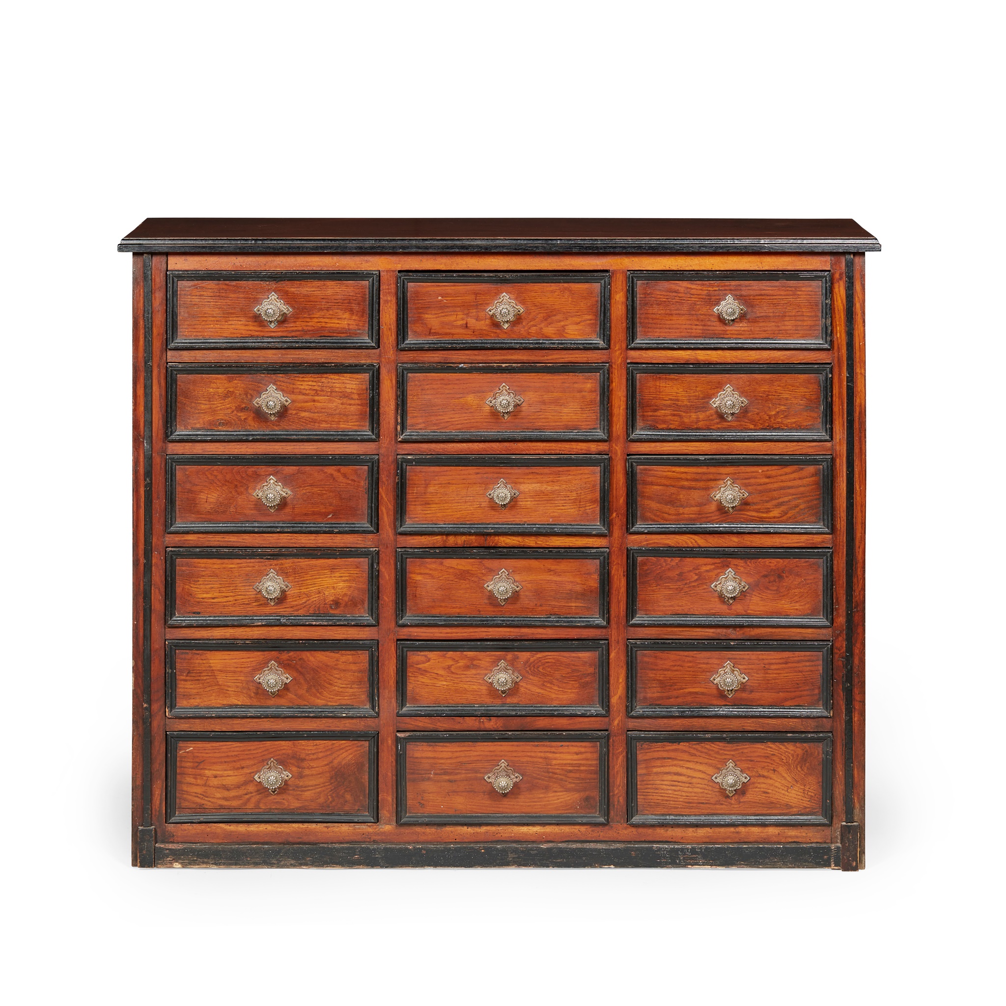 CONTINENTAL WALNUT, PINE, AND EBONISED APOTHECARY'S CHEST OF DRAWERS