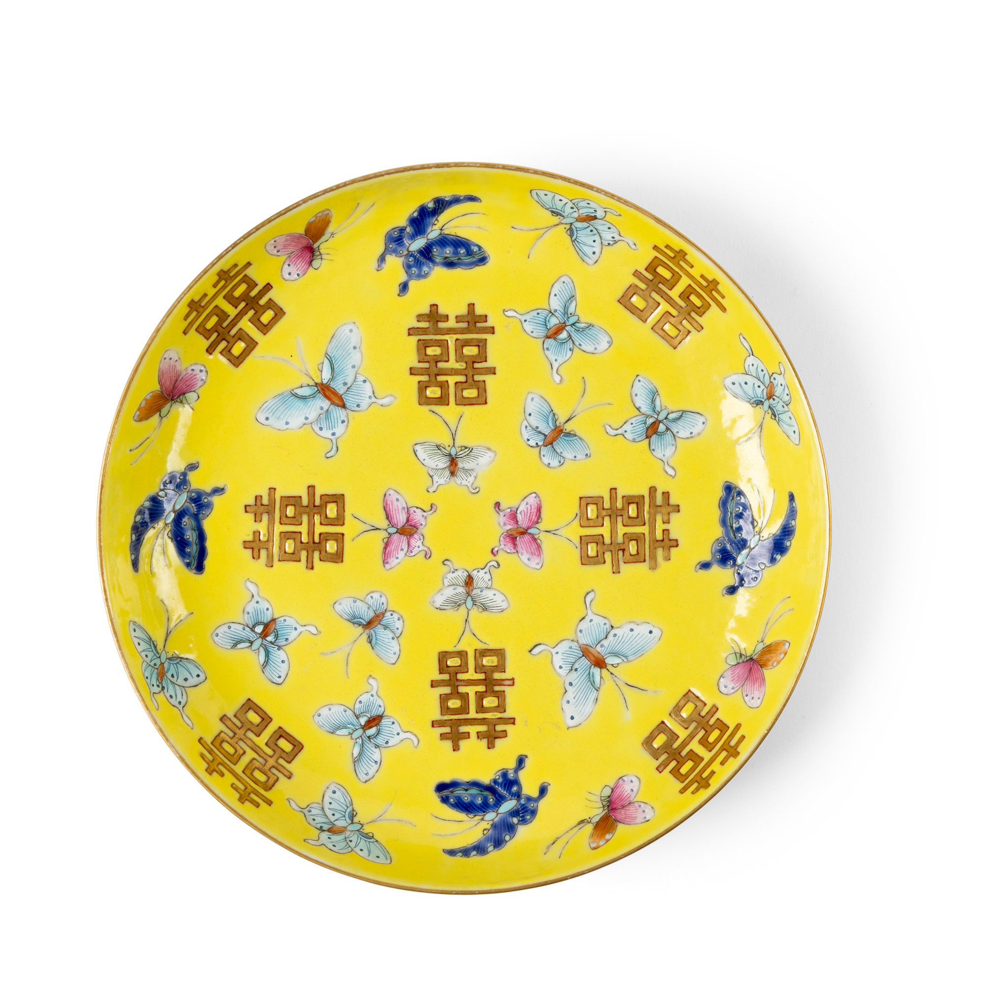 CHINESE YELLOW-GROUND FAMILLE ROSE 'MARRIAGE' DISH