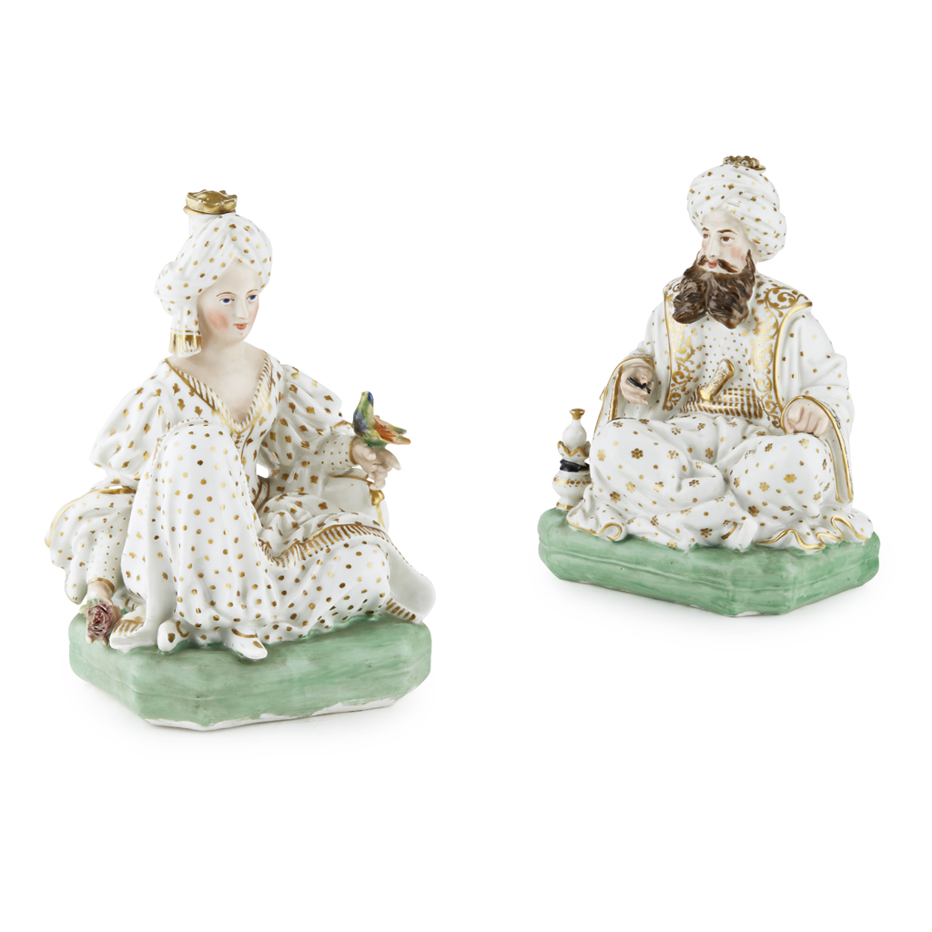 PAIR OF JACOB PETIT PORCELAIN FIGURAL INCENSE HOLDERS OF OTTOMANS