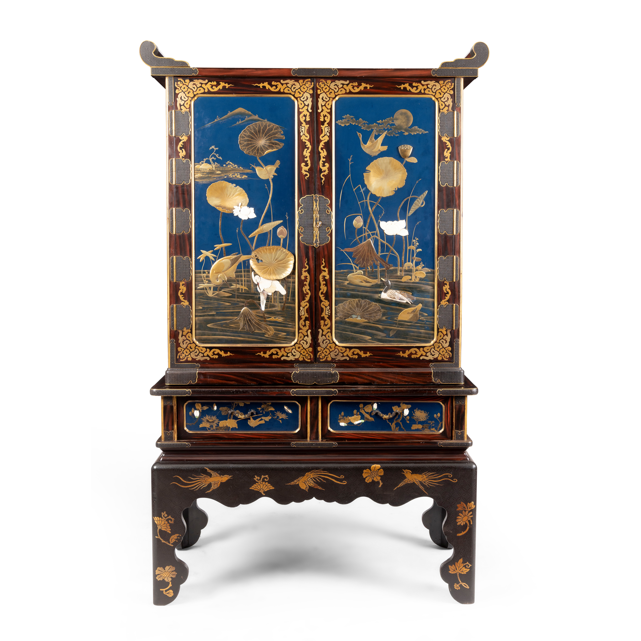 A JAPANESE LACQUER SIDE CAINET ON STAND