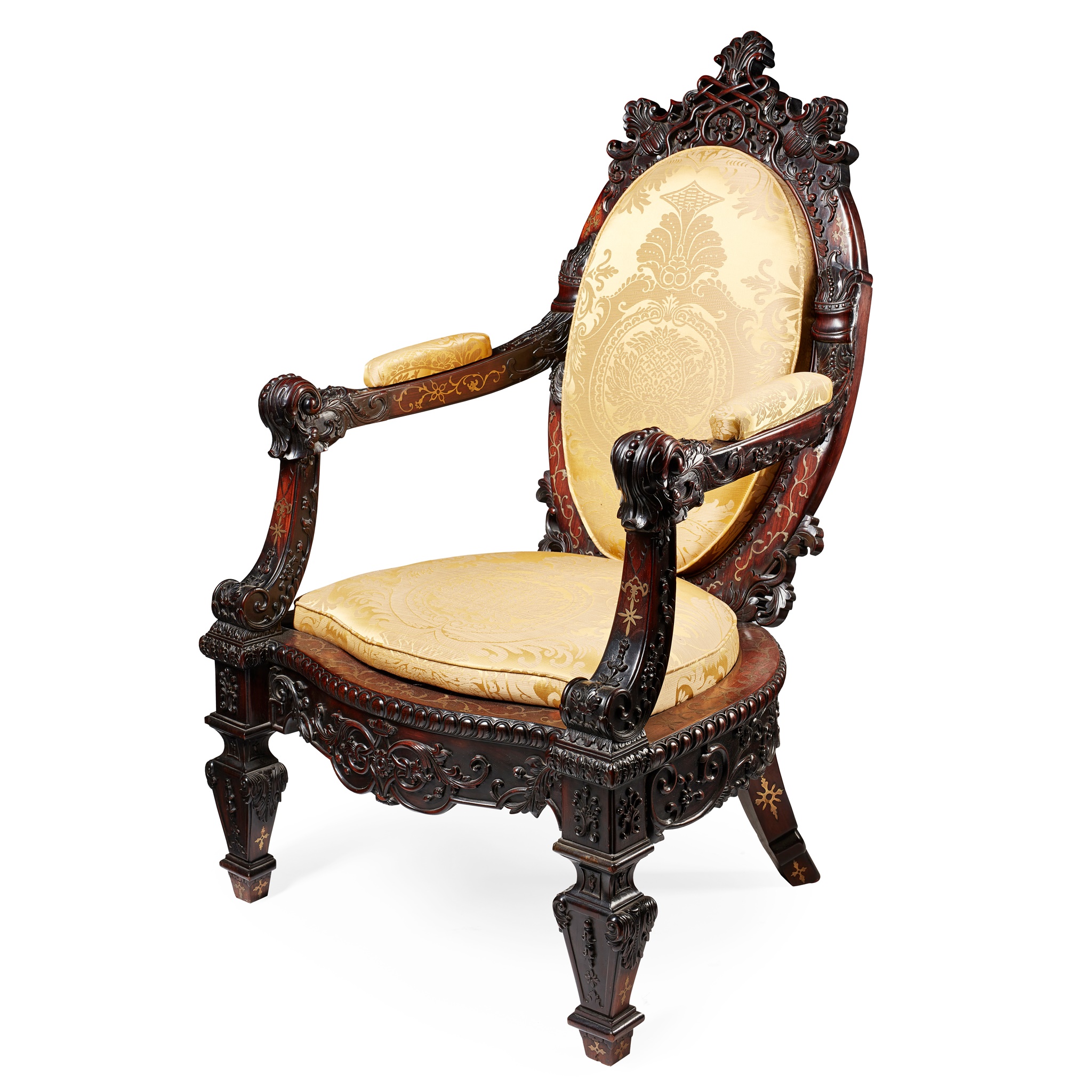 ANGLO-INDIAN BRASS INLAID CARVED ROSEWOOD UPHOLSTERED ARMCHAIR