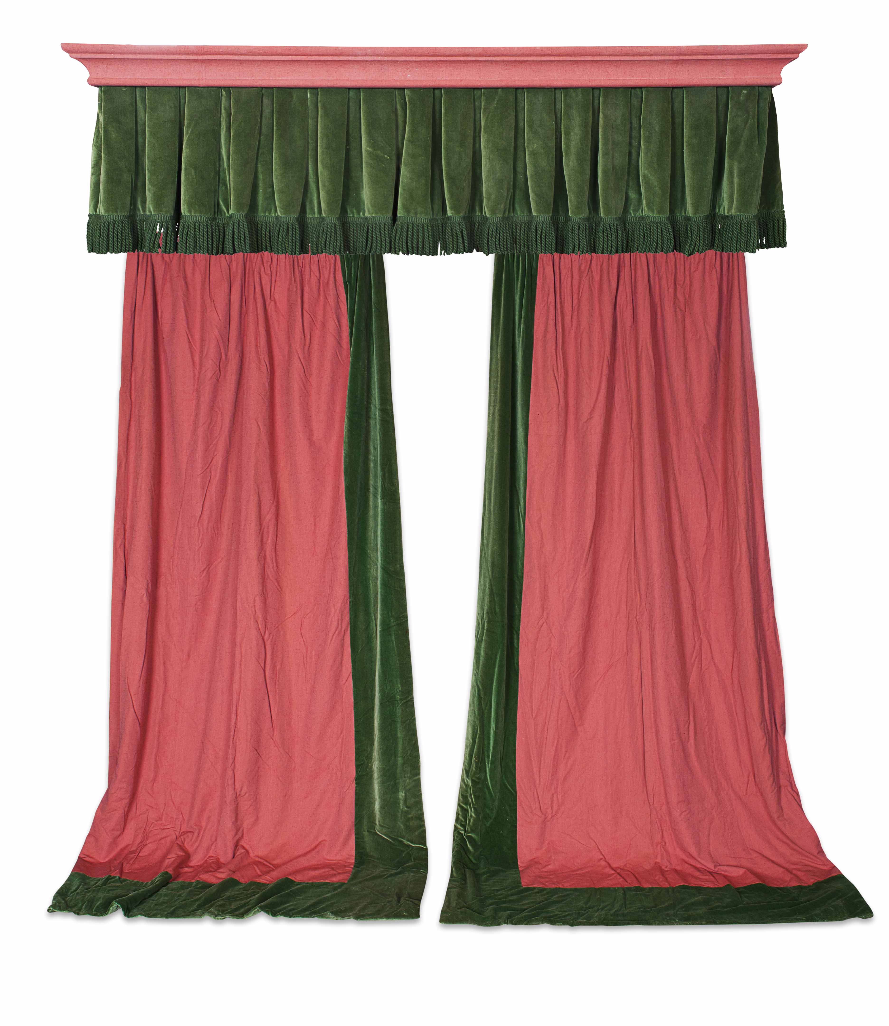 THREE PAIRS OF RED LINEN AND GREEN VELVET CURTAINS AND PELMETS