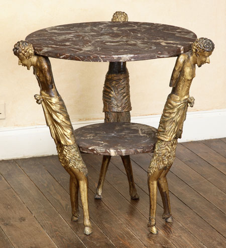 A rare early 19th century Italian marble and giltwood ‘satyr’ table