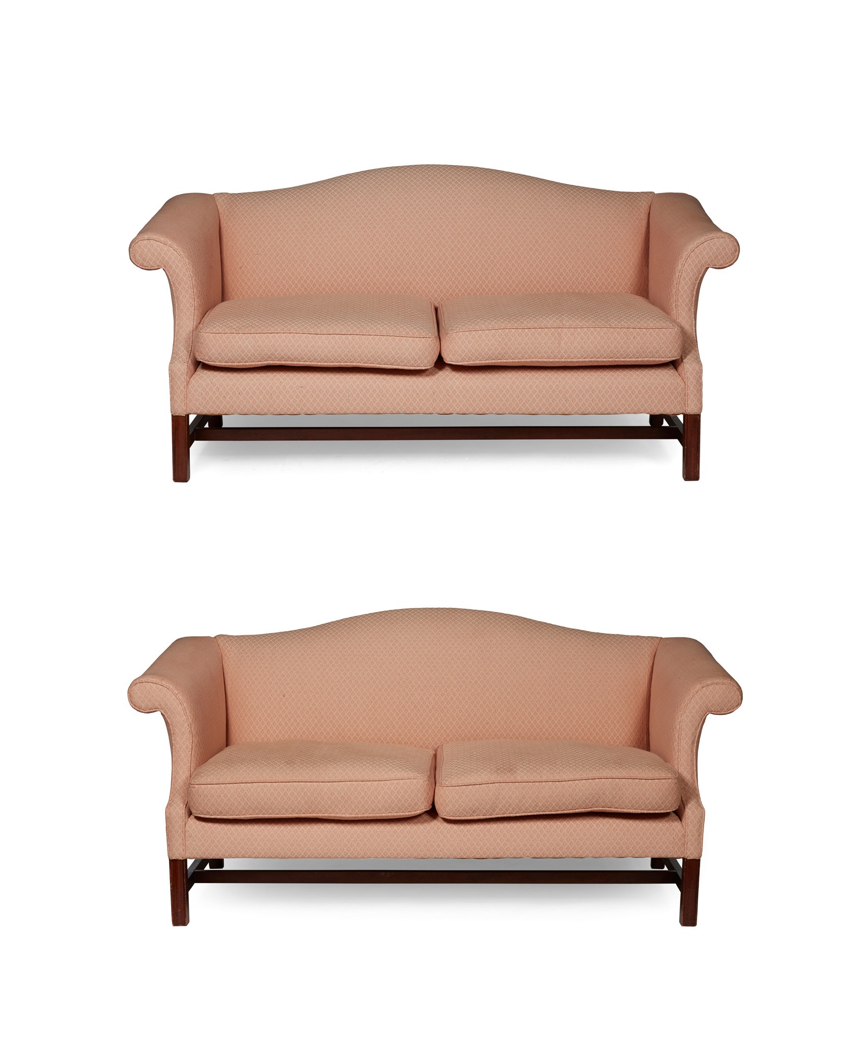 PAIR OF GEORGIAN STYLE CAMELBACK SOFAS