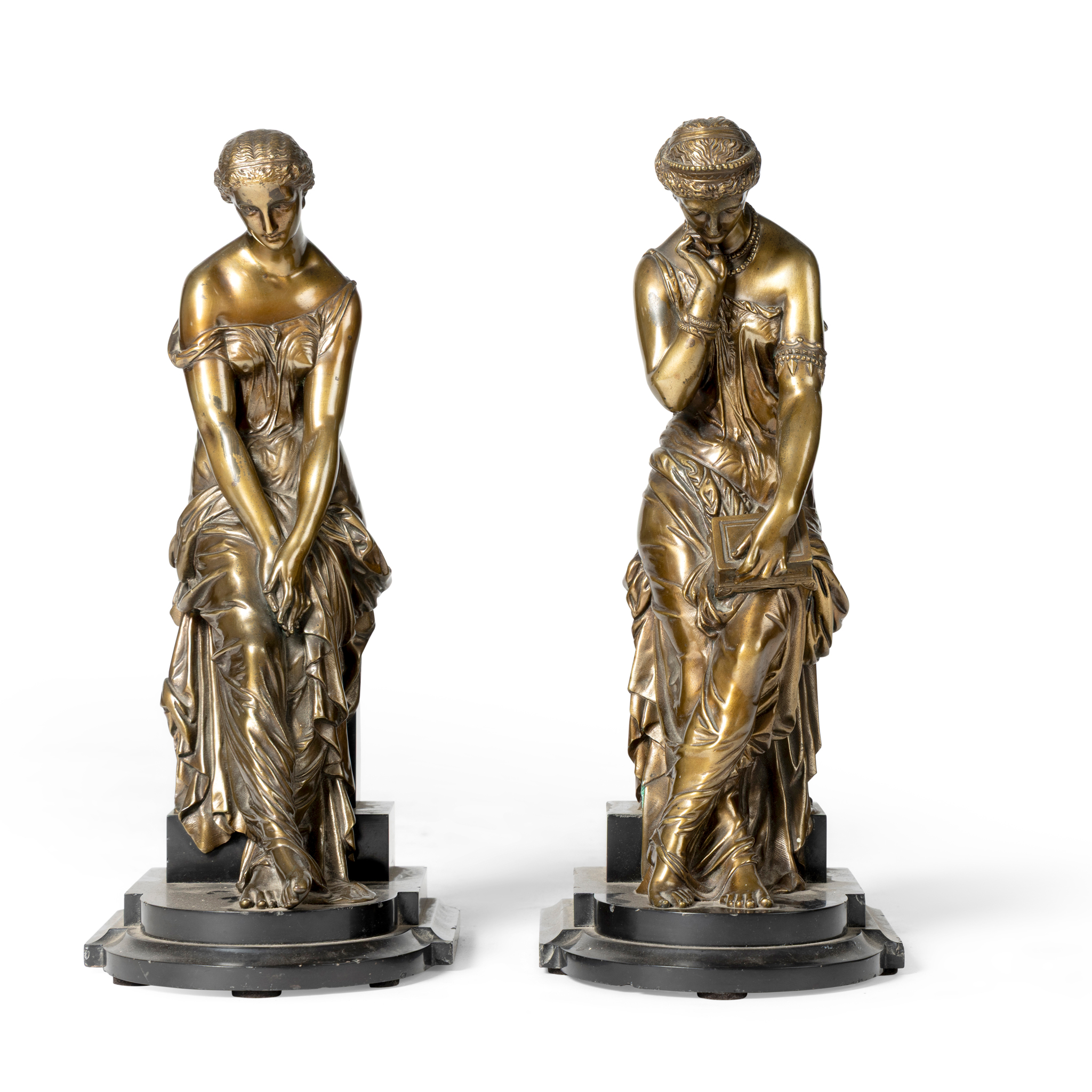 A PAIR OF BRONZE AND BLACK SLATE FIGURAL BOOKENDS, AFTER HENRI ETIENNE DUMIAGE (FRENCH 1830-1888)