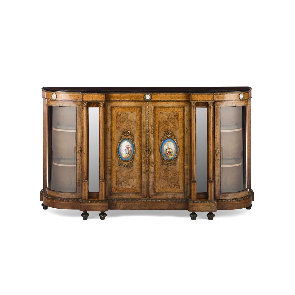 VICTORIAN WALNUT, EBONISED, PORCELAIN AND GILT METAL MOUNTED CREDENZA