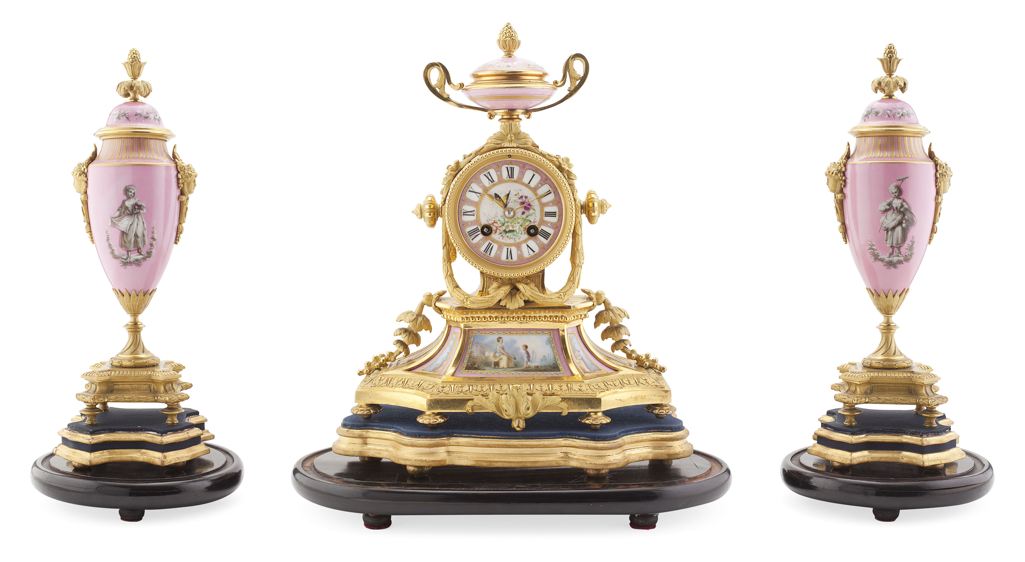 LOUIS XV STYLE GILT BRONZE AND PINK GROUND PORCELAIN CLOCK GARNITURE