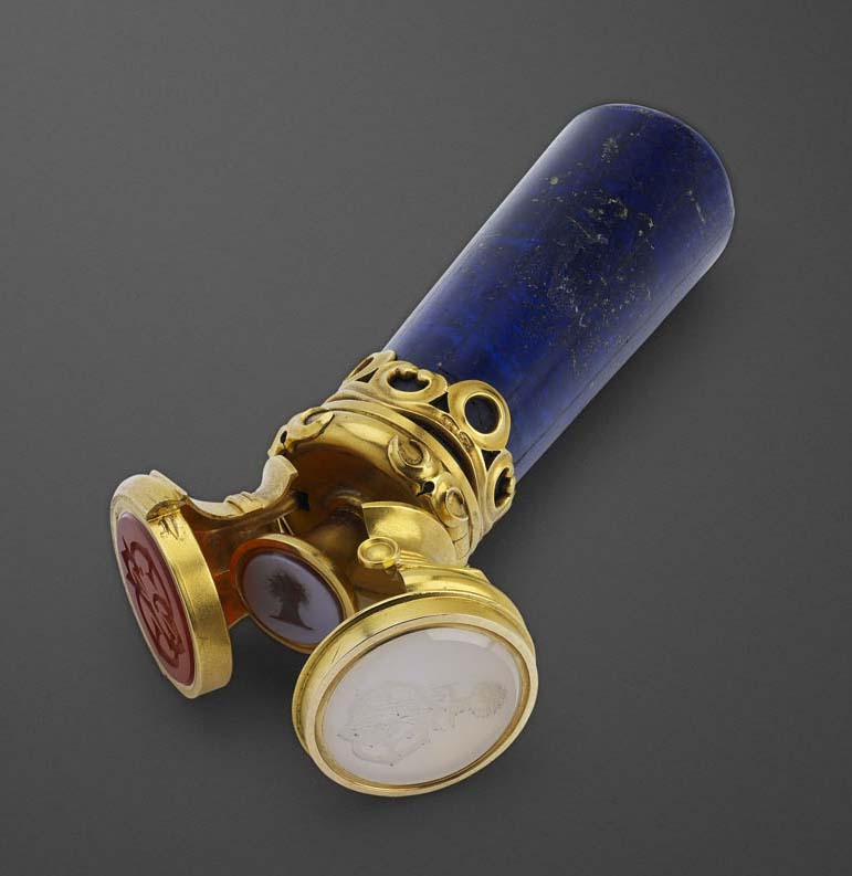 An unusual Russian gold-mounted lapis lazuli hand seal with three matrices