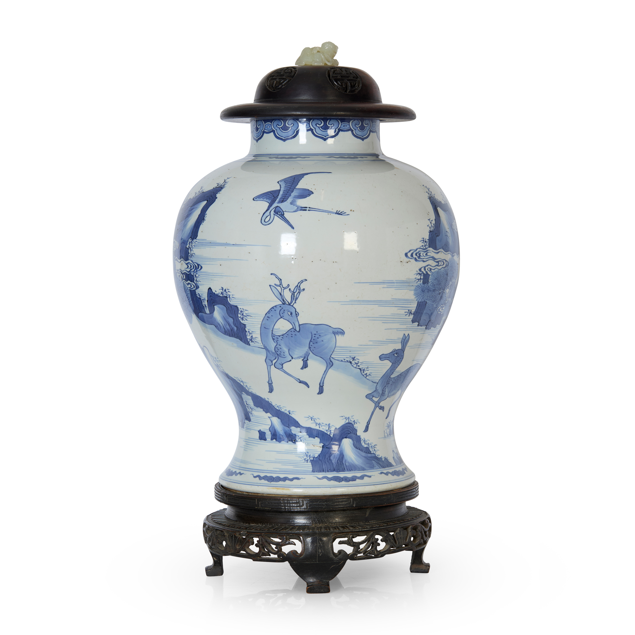 CHINESE BLUE AND WHITE 'DEER AND CRANE' BALUSTER VASE