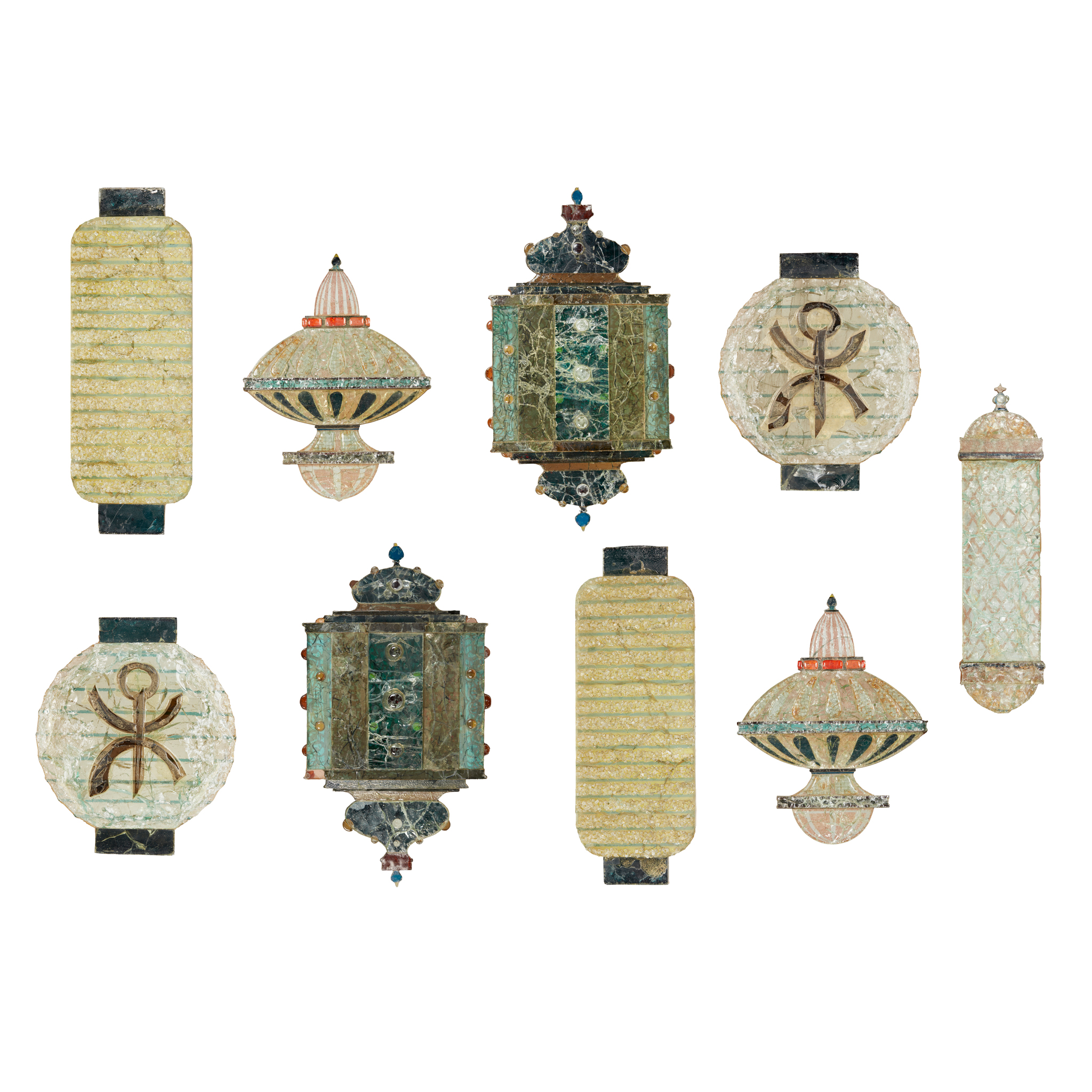 NINE LAMINATED COLOURED GLASS WALL APPLIQUES