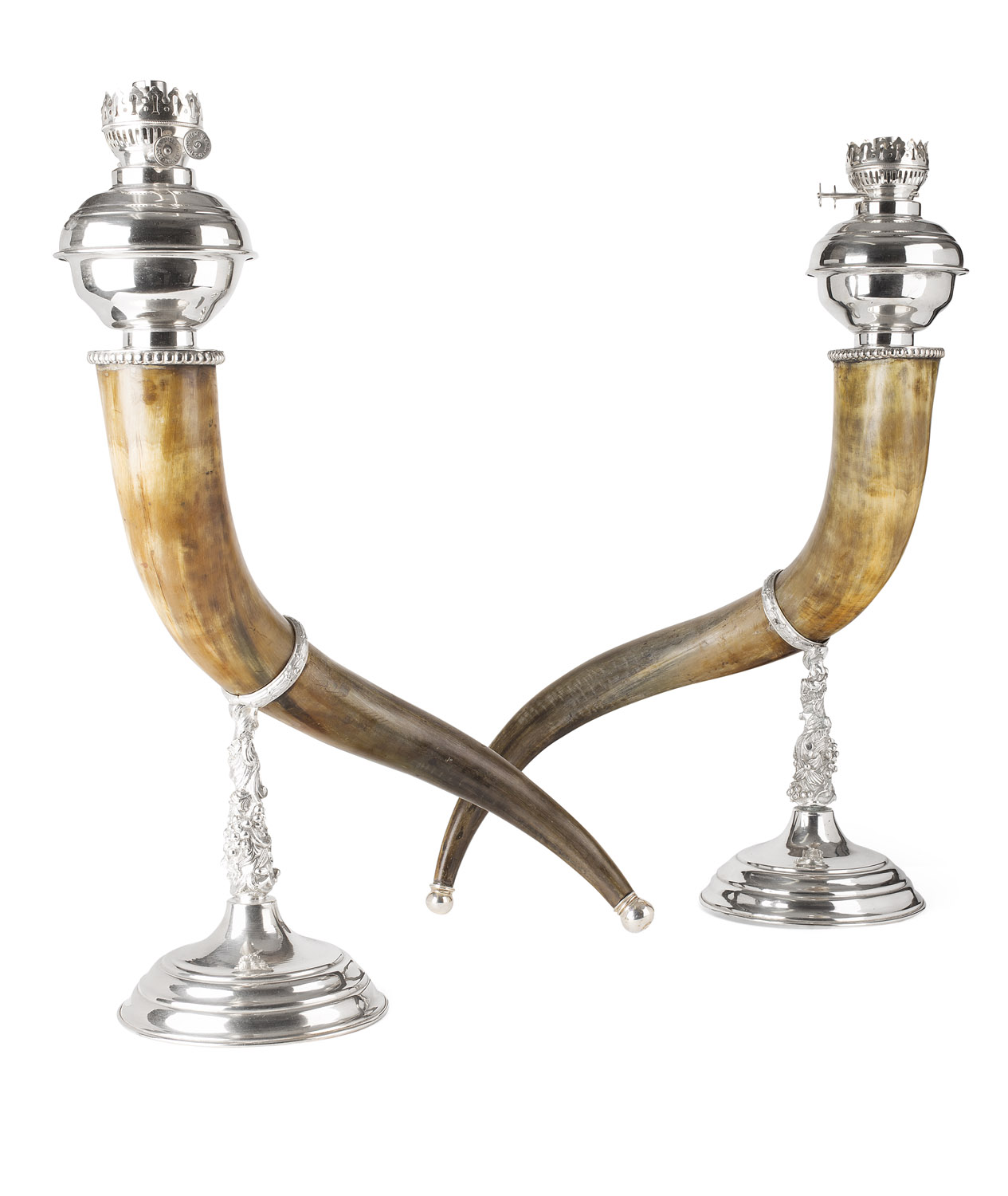 PAIR OF WHITE METAL MOUNTED HORN LAMP BASES