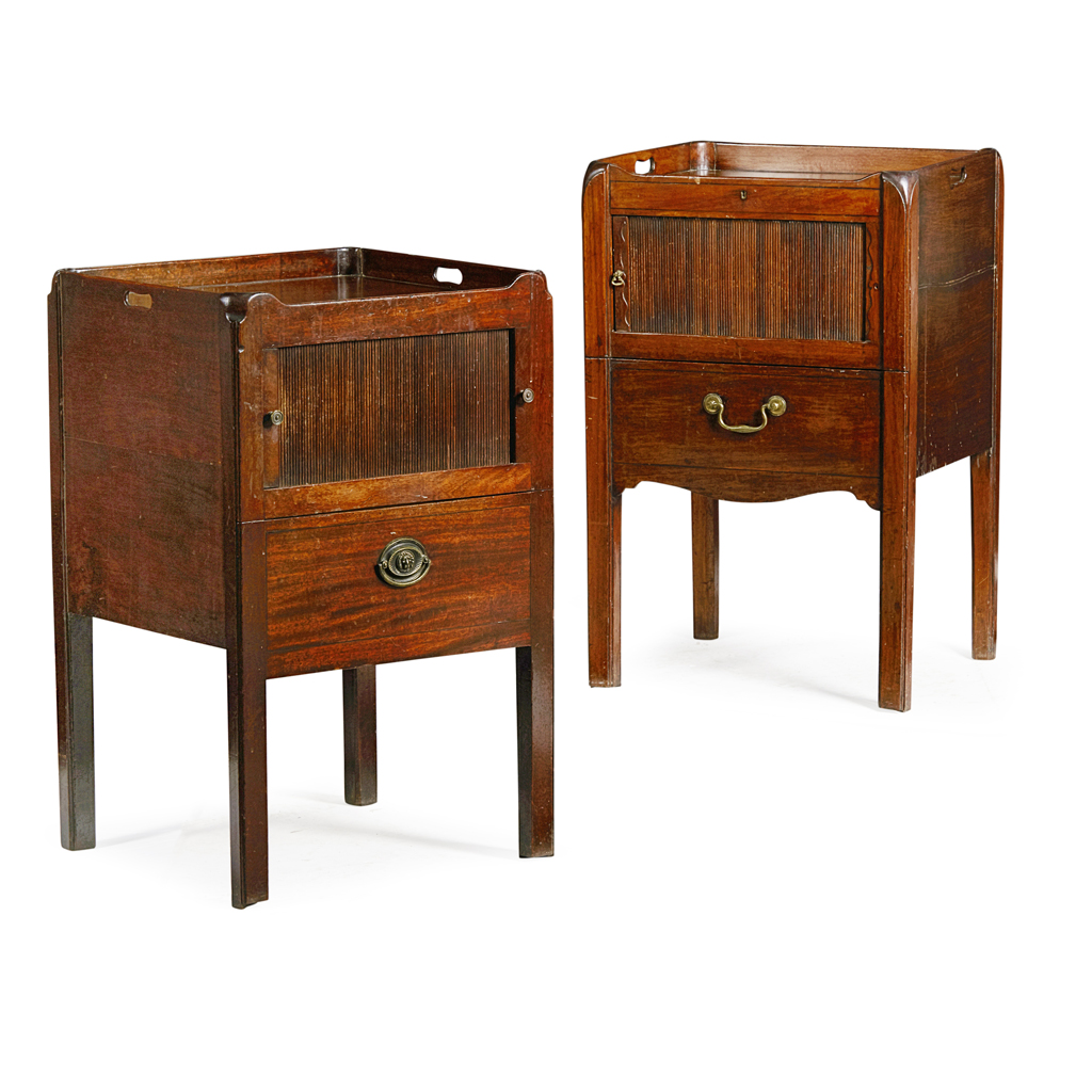 TWO GEORGE III MAHOGANY TRAY TOP BEDSIDE COMMODES